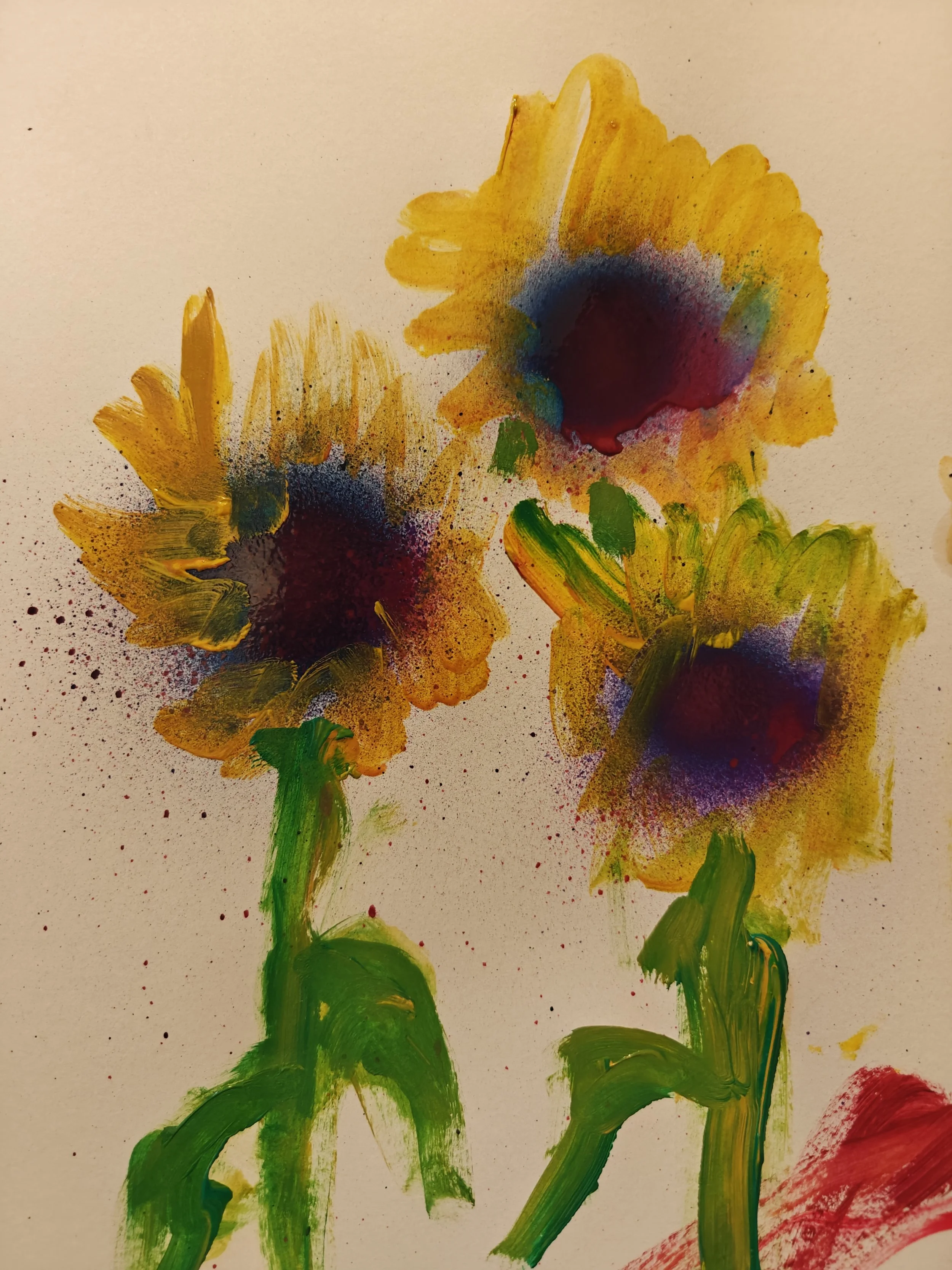 Abstract painting of three sunflowers with yellow petals, dark centers, green stems, and leaves, on a beige background.