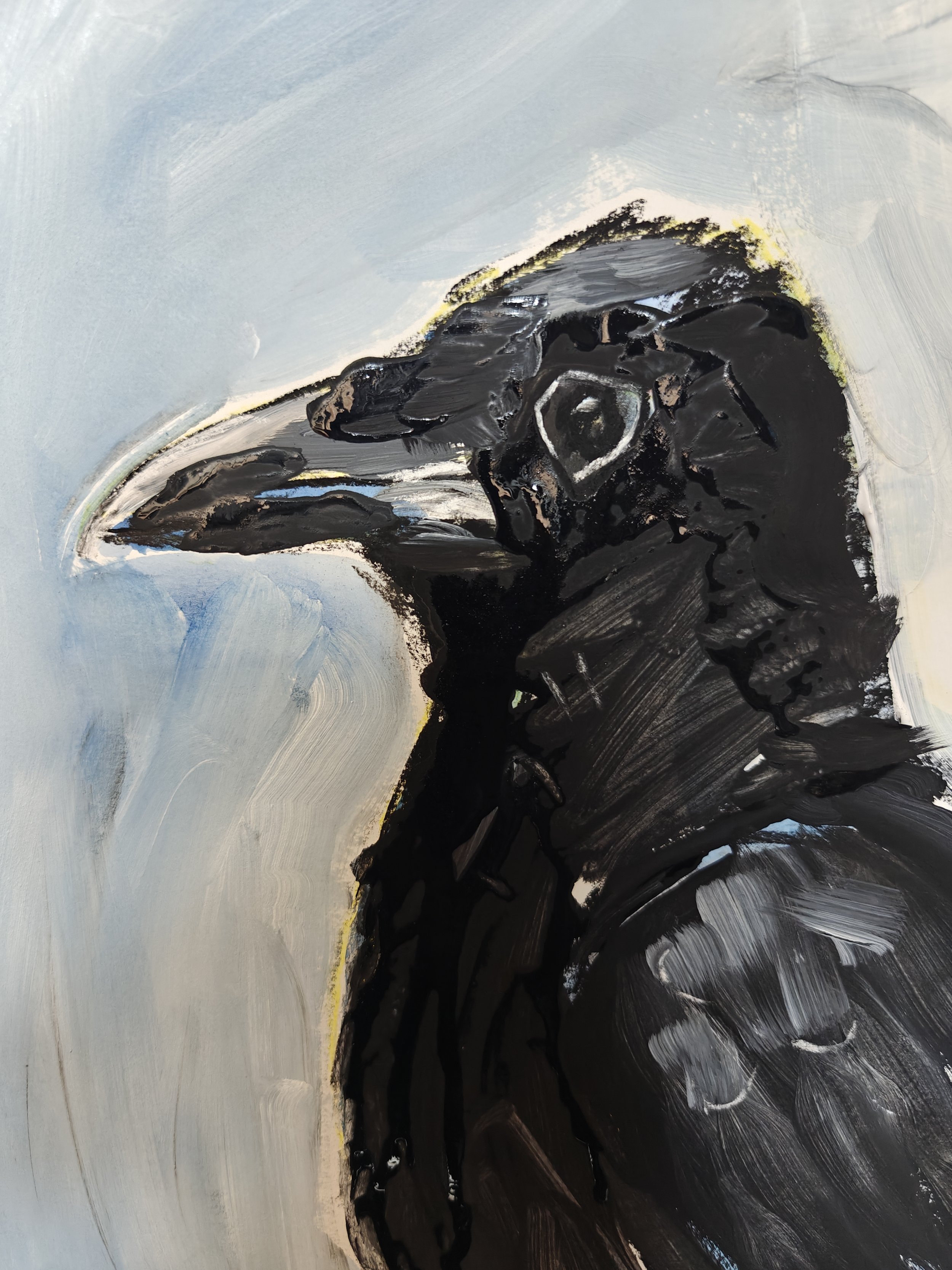 Abstract painting of a black bird, possibly a crow or raven, with a light blue and gray background.