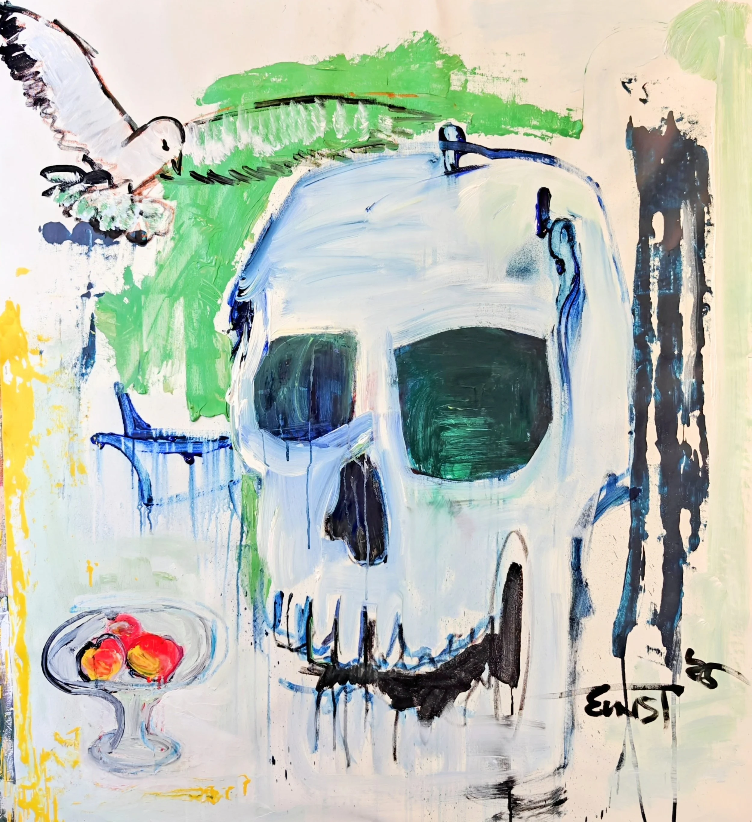 An abstract painting of a human skull with green background and a small bowl of red and yellow fruits, a bird in flight, and textured black marks.