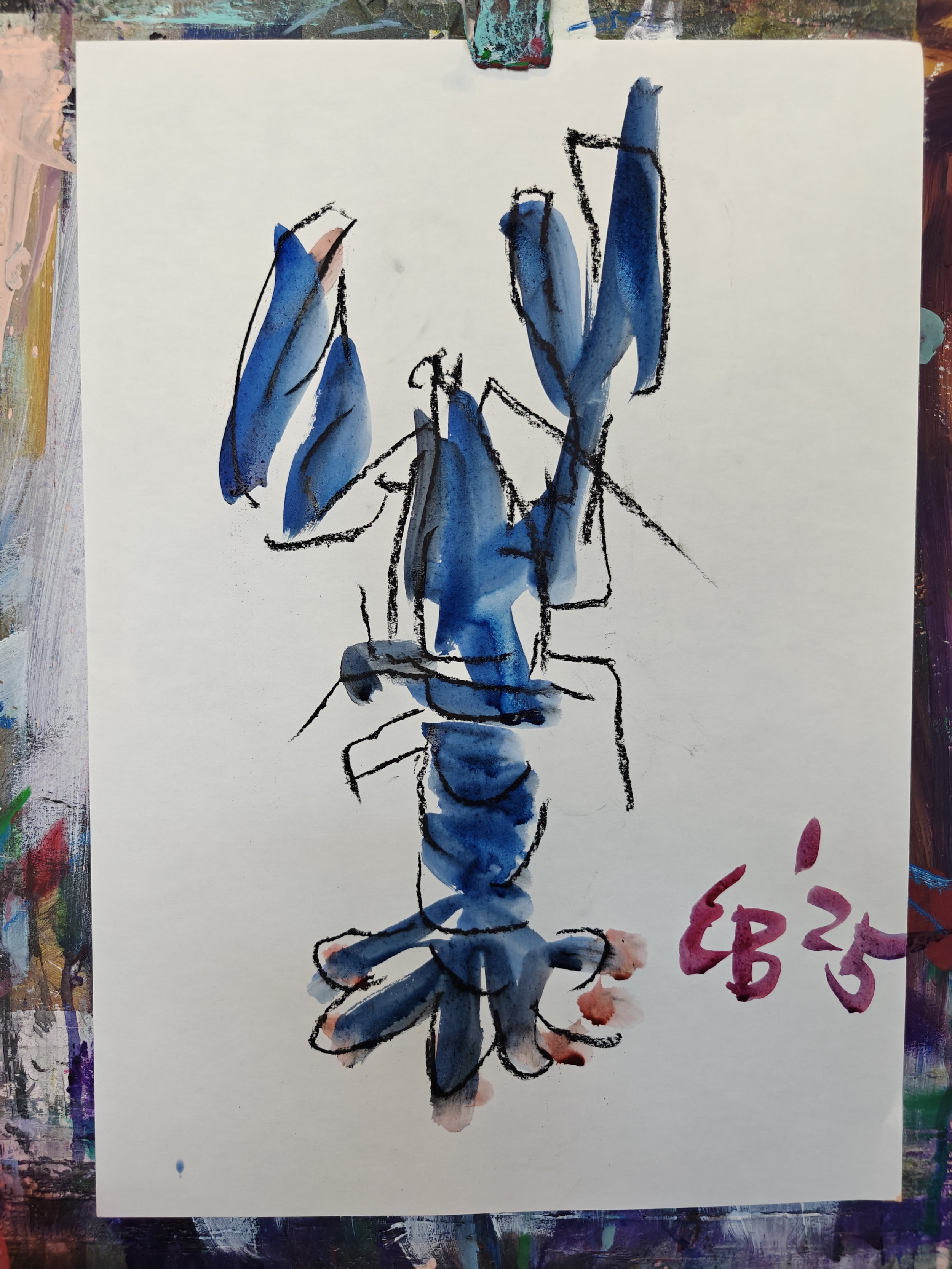 A watercolor and ink painting of a lobster in blue and black, with the text 'EB3' written in pink in the lower right corner.