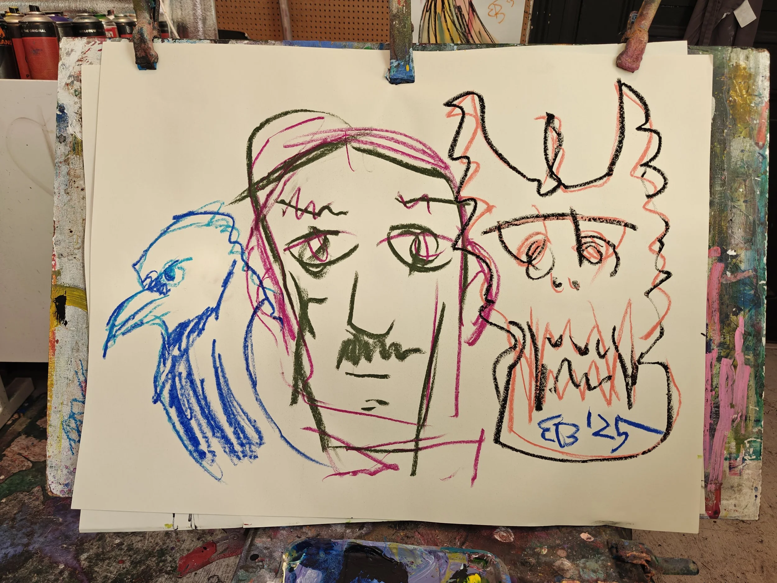 Colorful sketch of a person's face with long hair, a bird, and a figure wearing a hat with a beard, all drawn with bold, expressive lines.
