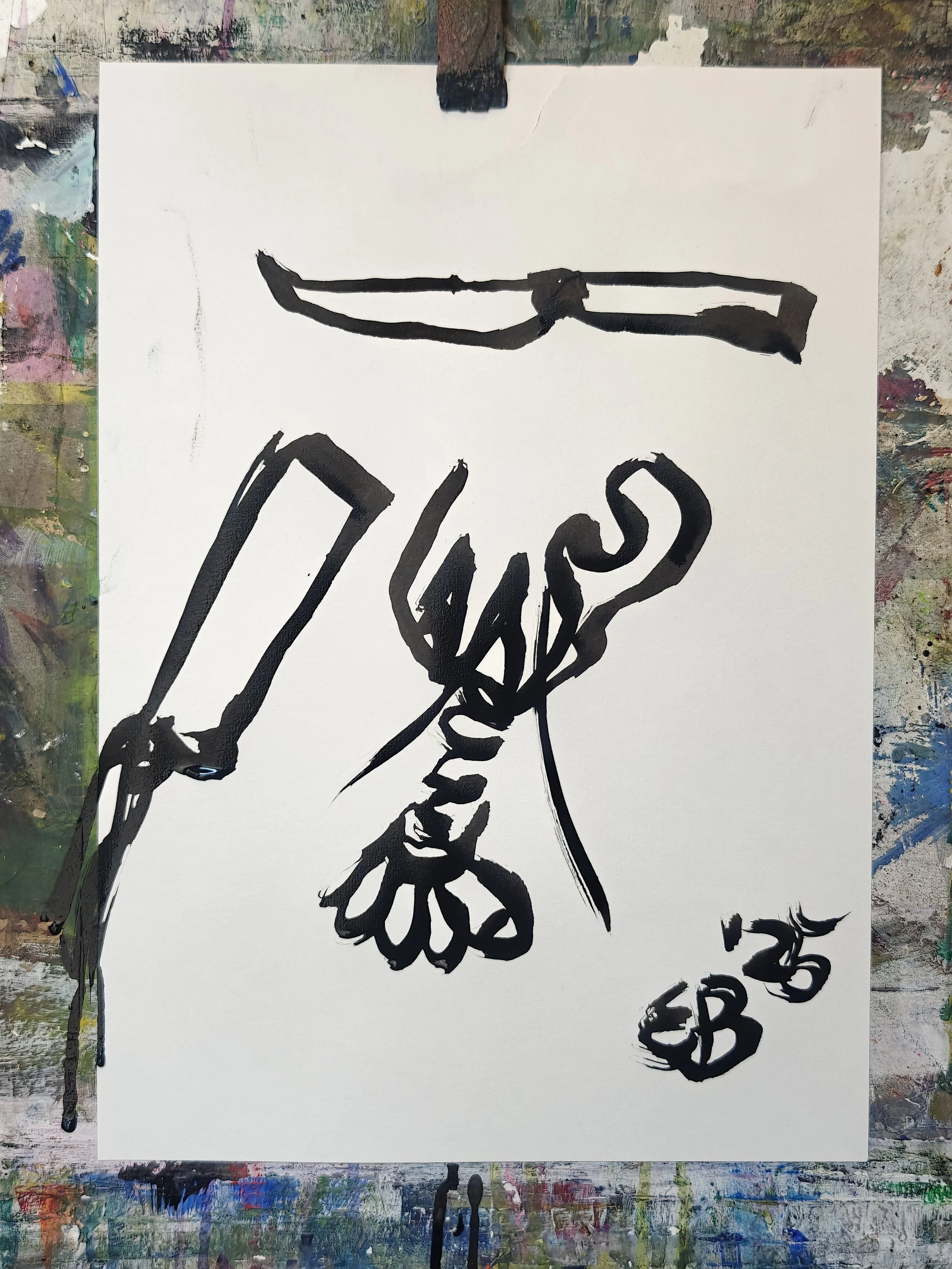 A black ink sketch of a hand holding a flower, with a knife above it, on a white canvas. The bottom right has the signature "LB 23."