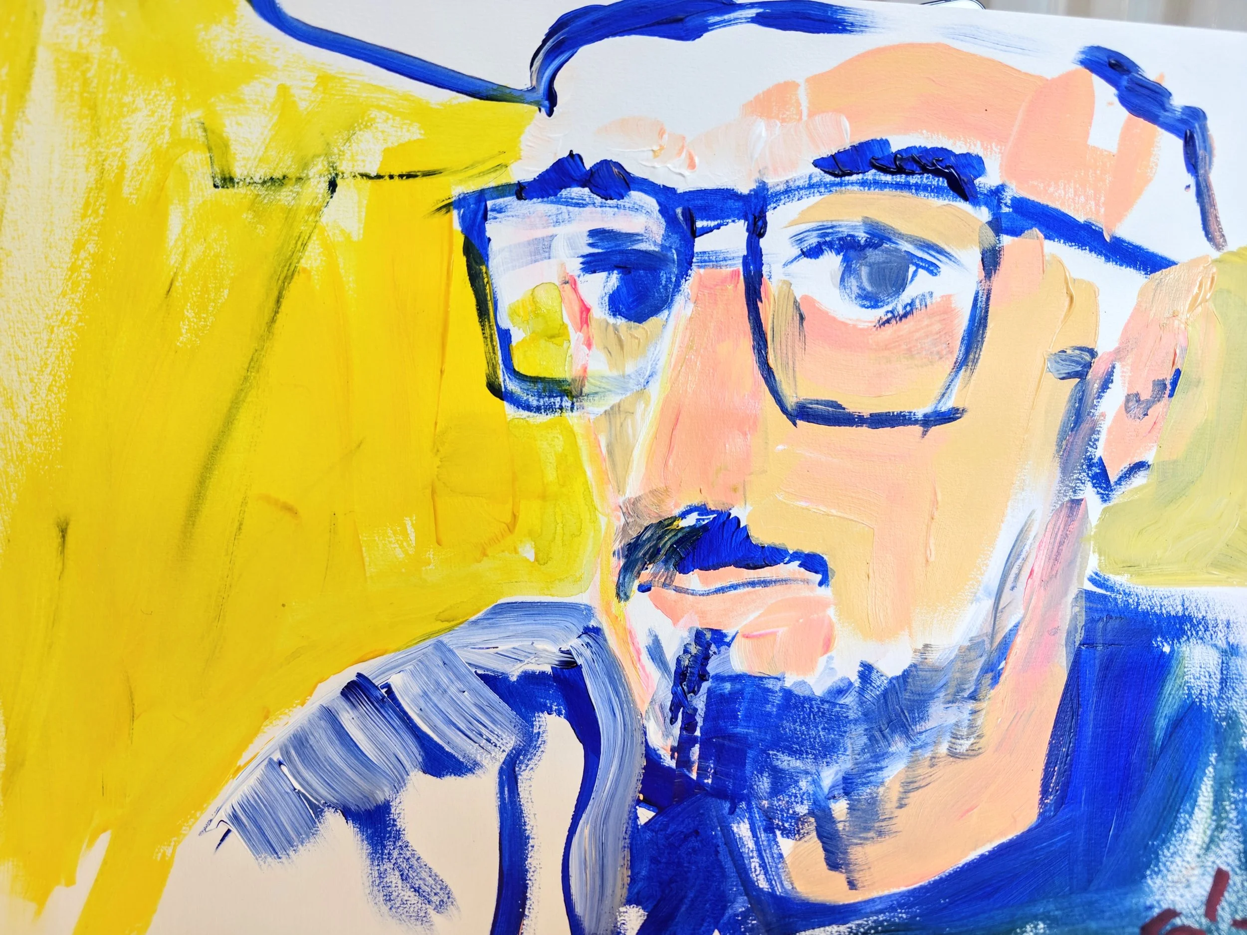 A colorful abstract portrait of a man wearing glasses, with one hand resting on his face, painted with bold blue, yellow, and peach brushstrokes.