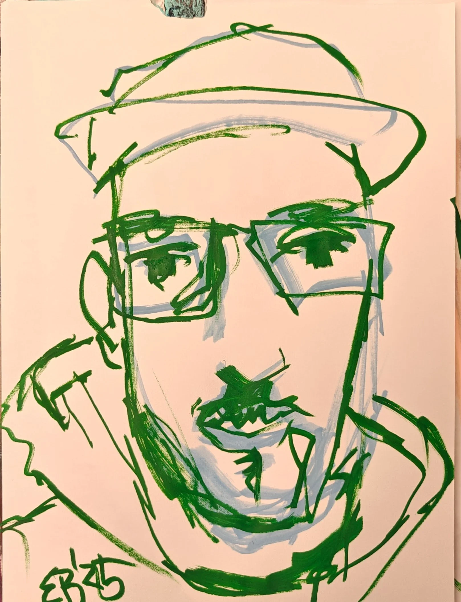 Line drawing of a person wearing sunglasses and a hat, with a wide-open mouth.