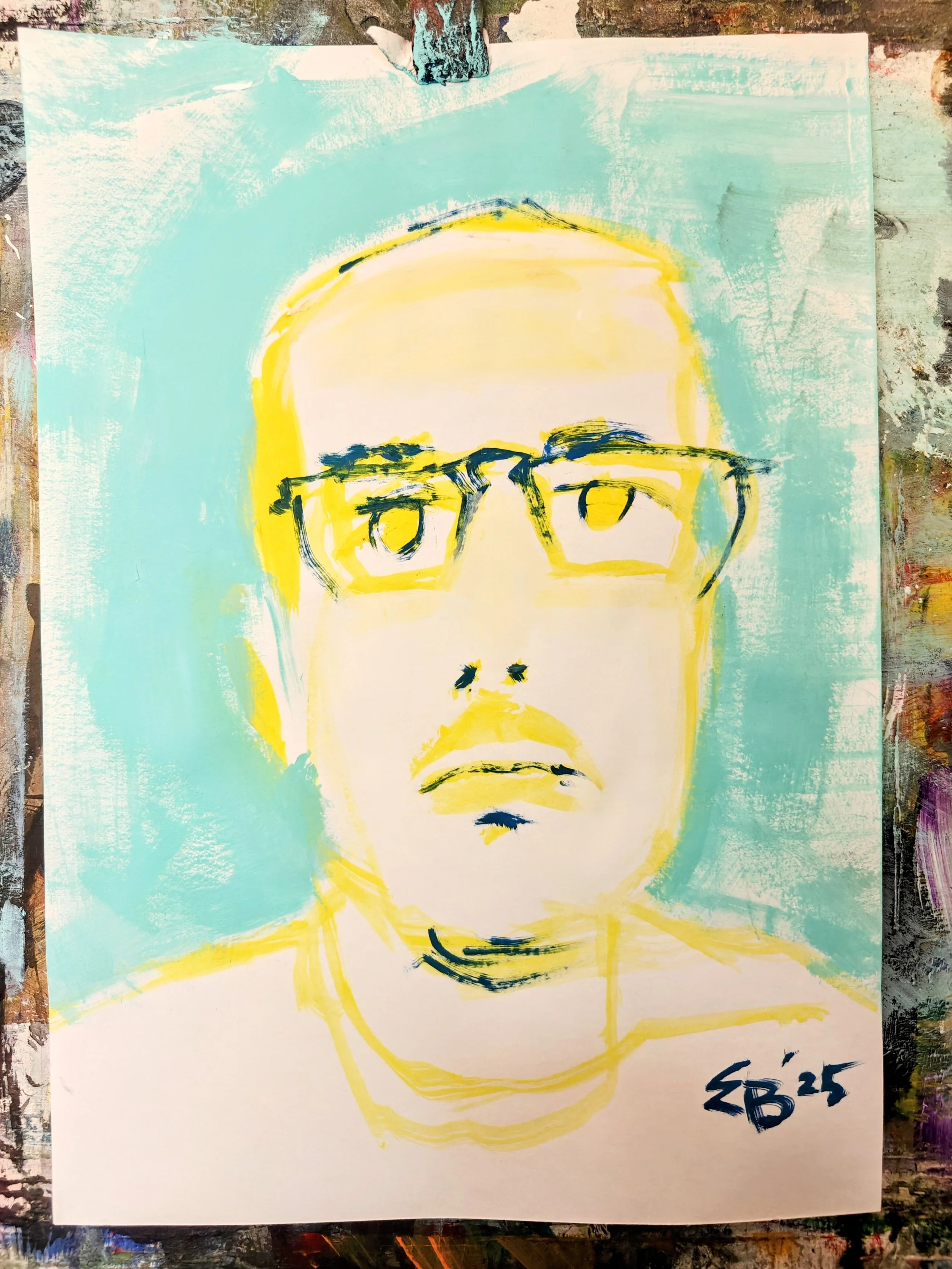 Abstract portrait of a person with glasses, short hair, and a neutral expression, painted with yellow, black, and light blue colors.