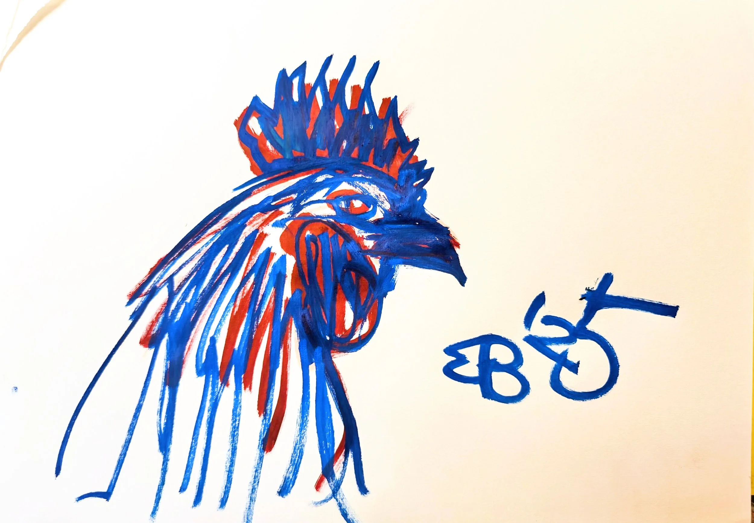A colorful drawing of a rooster with a prominent comb and beak, created with blue and red markers, with a stylized signature or initials to the right.