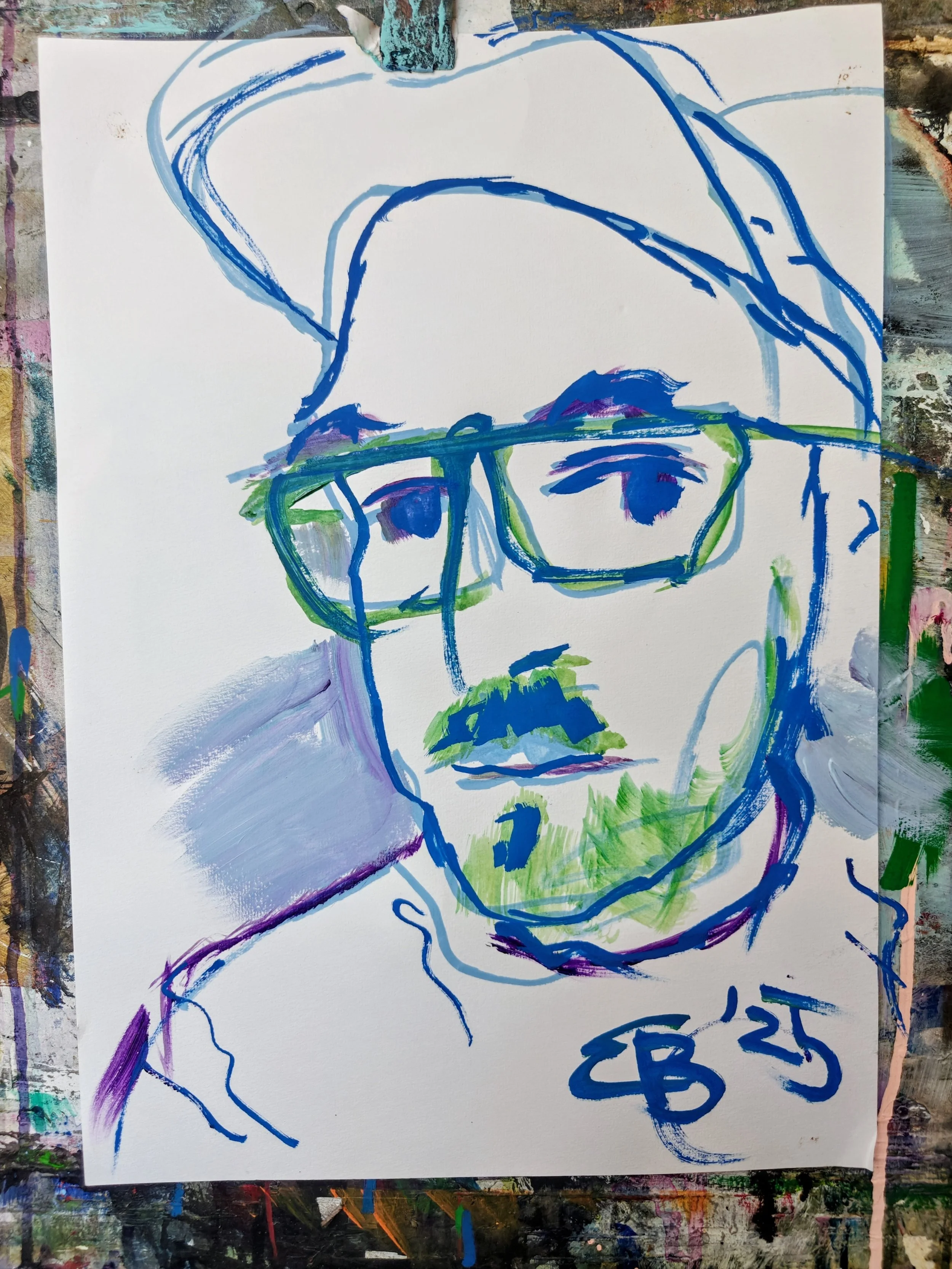 Abstract colorful portrait of a man with glasses, hat, and a mustache, painted with loose, expressive brushstrokes.