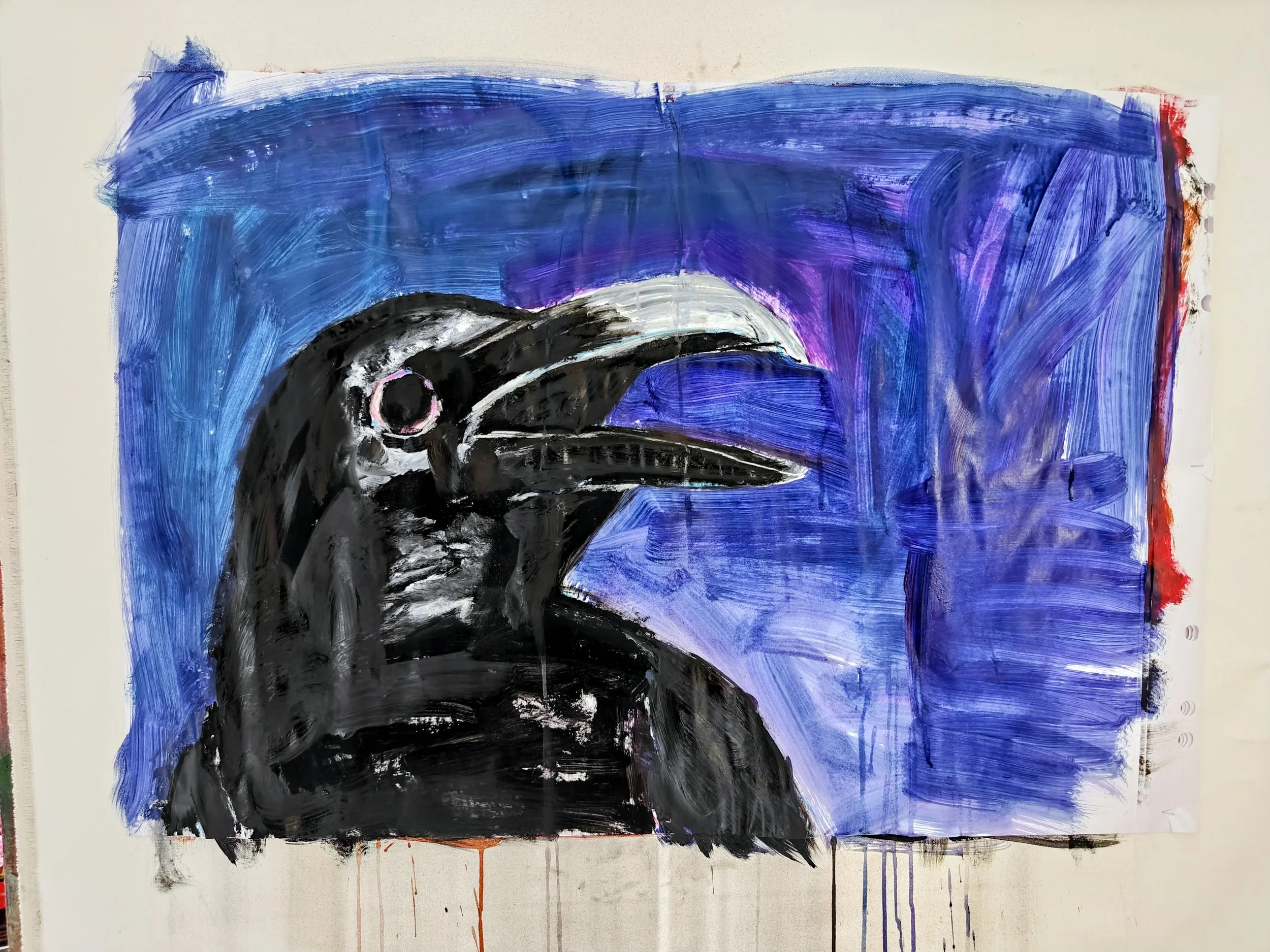A painted artwork of a black bird with an open beak, set against a vibrant purple and blue abstract background.