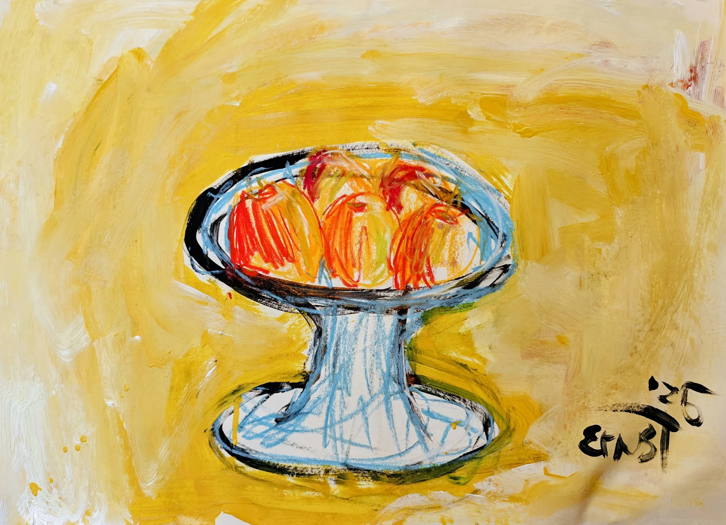 A colorful, abstract painting of a fruit bowl with team of oranges and red apples in a blue and black dish on a yellow background.