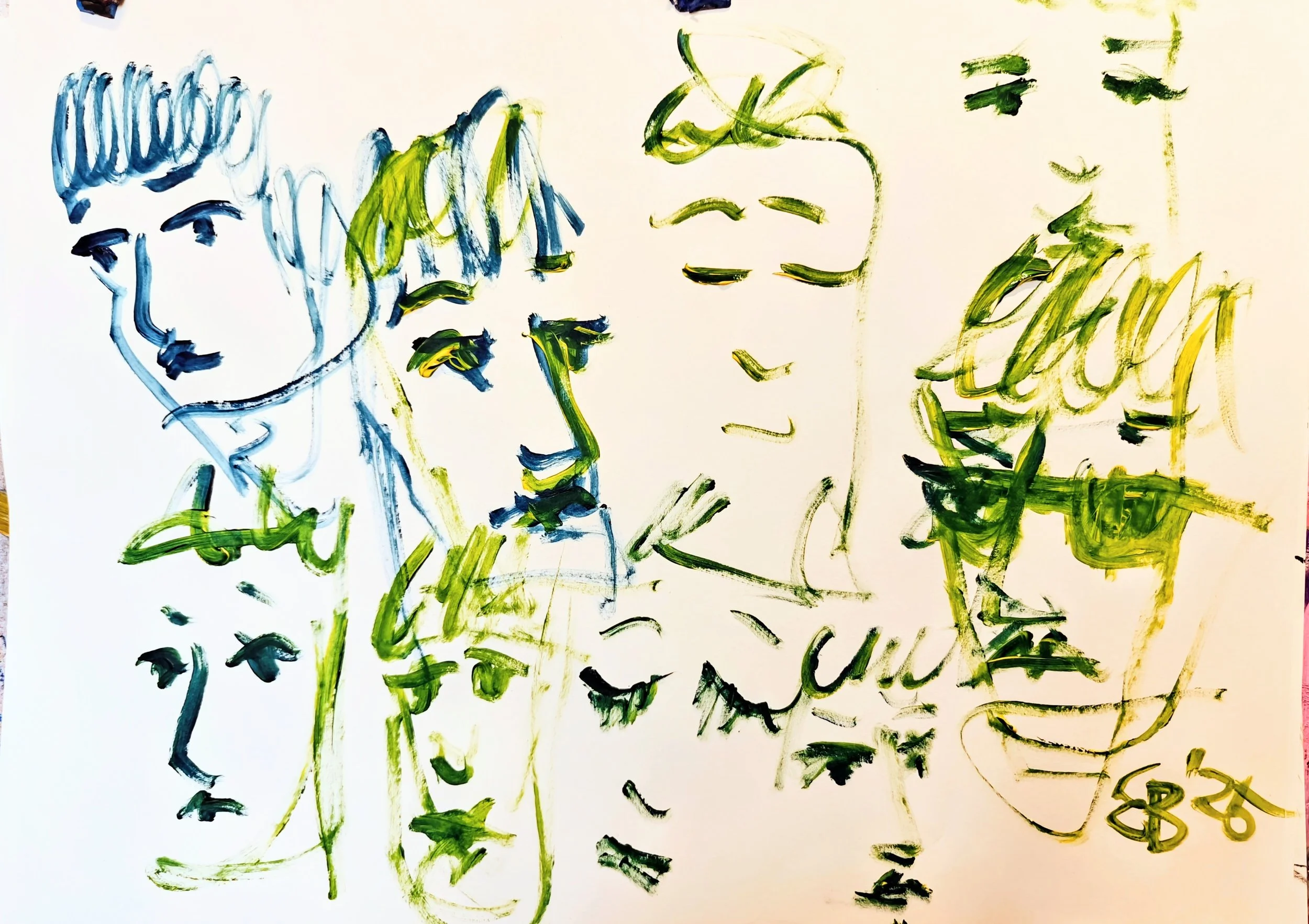 Abstract line drawing of multiple faces and figures in blue, green, yellow, and black ink on a white background.