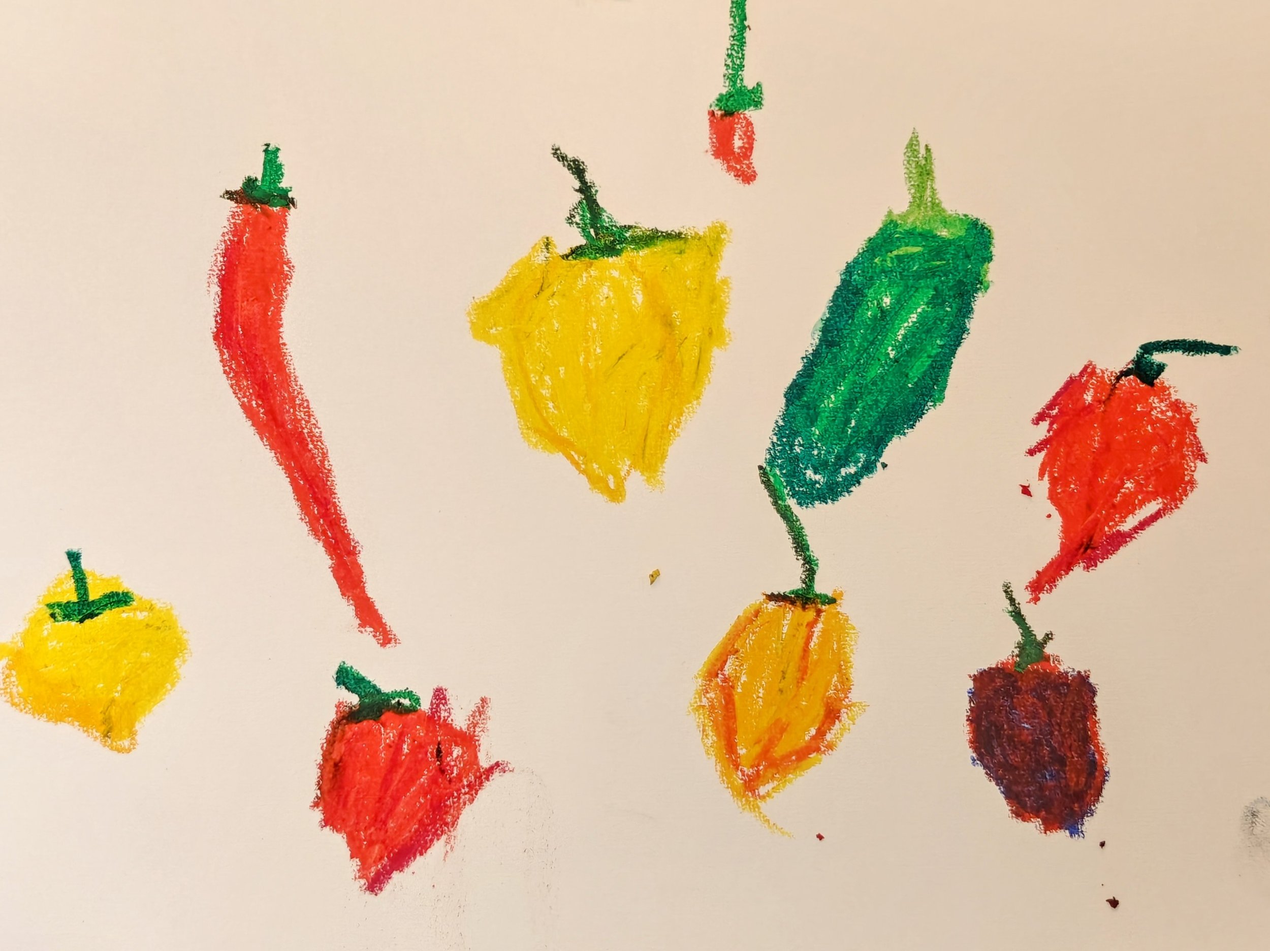 Colorful crayon drawings of various peppers on white paper.