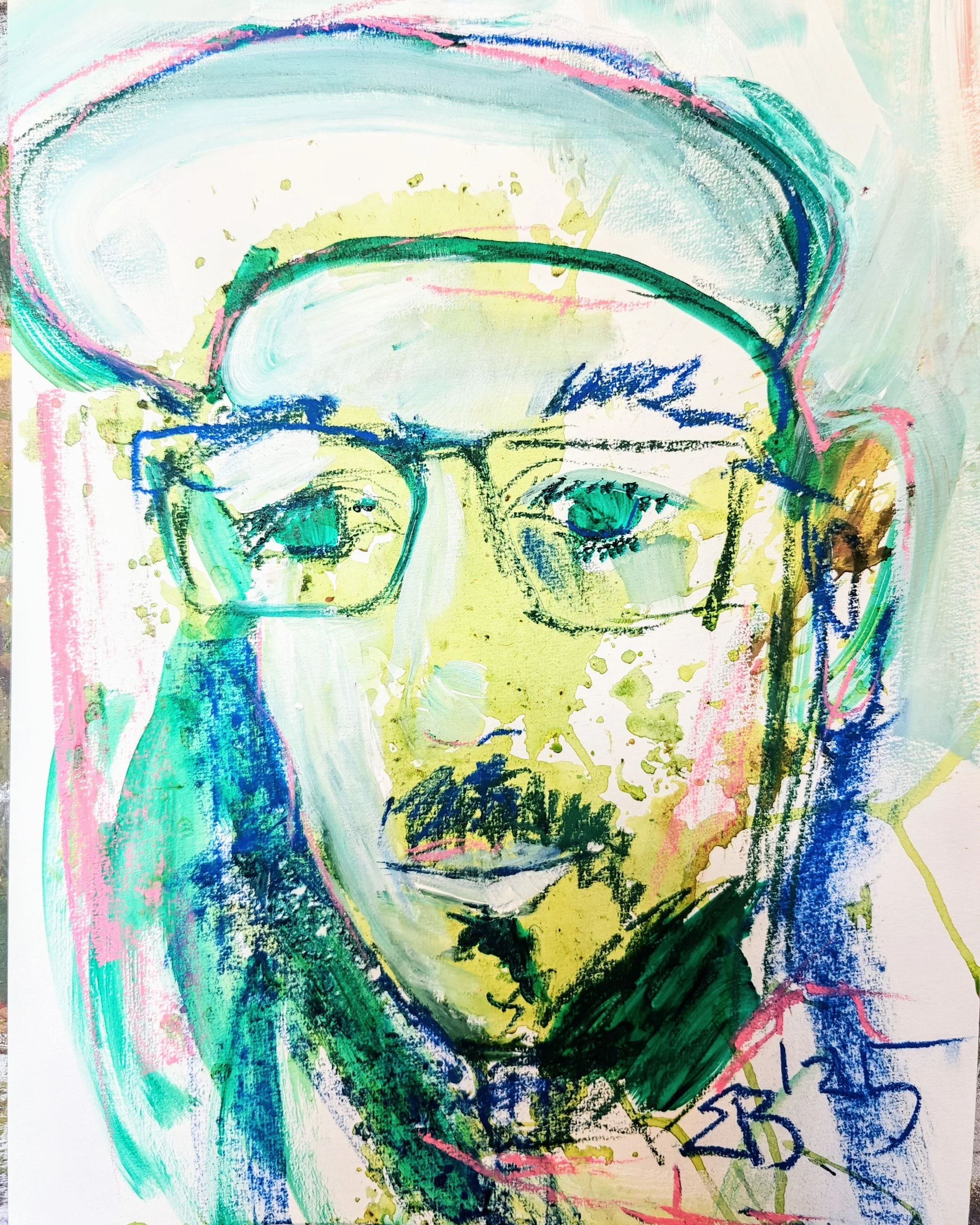 Abstract watercolor portrait of a man with glasses, a cap, and a beard, featuring vibrant colors and expressive brushstrokes.