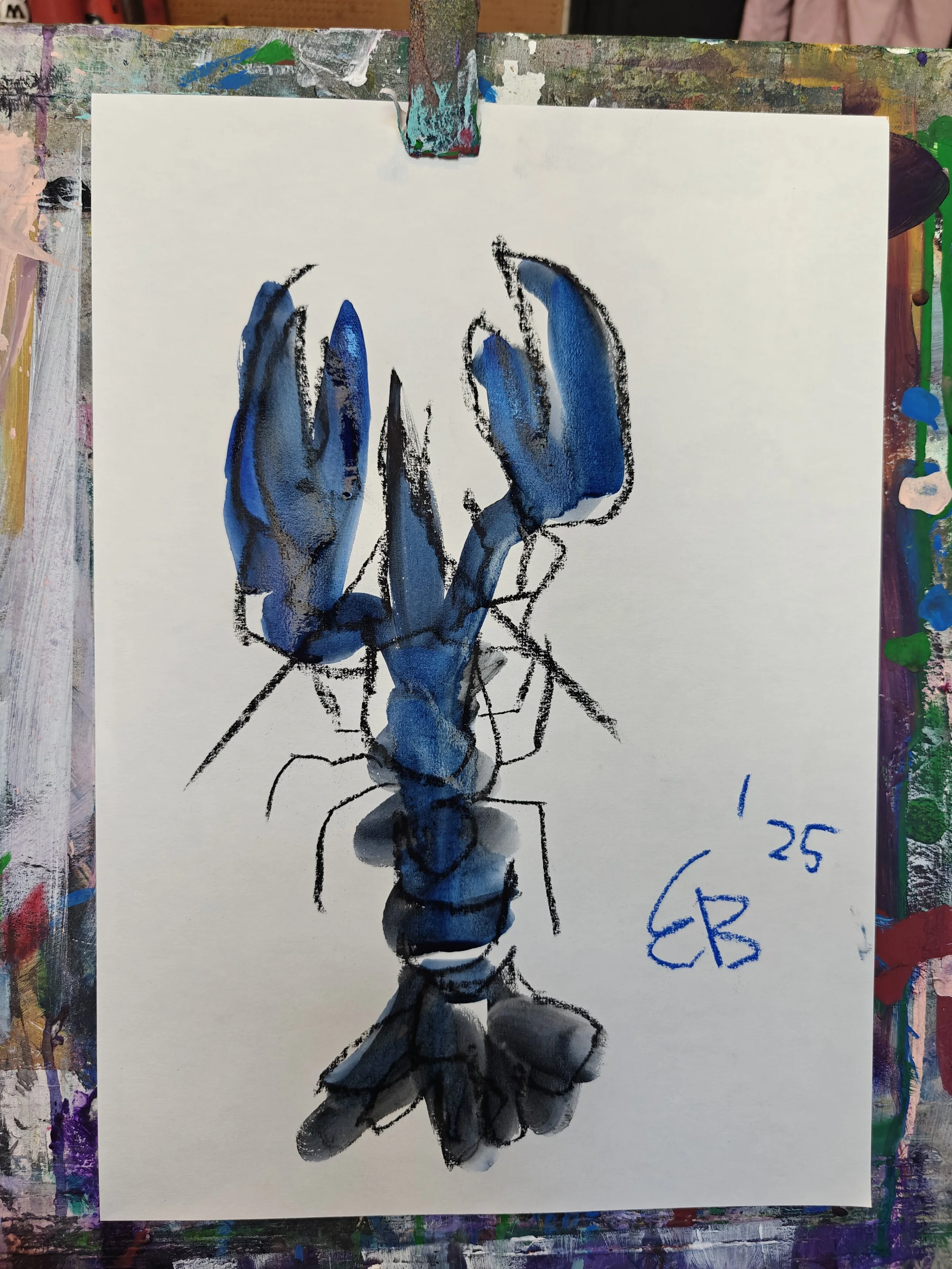 Abstract watercolor painting of blue and black robot-like hand pointing up, signed with initials and date.