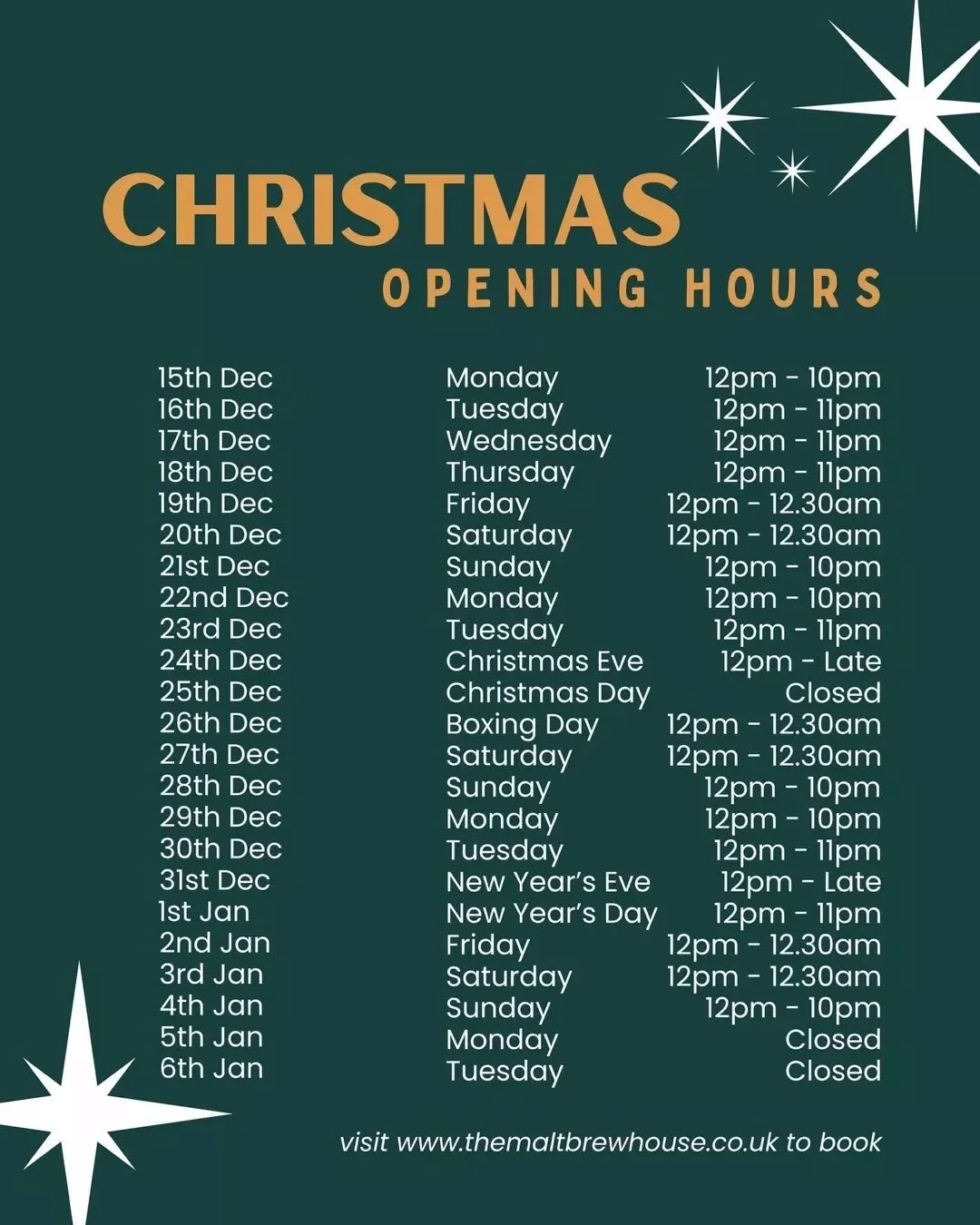 Check out our holiday open hours! 🎄 

As Christmas gets closer we open up earlier and close later!
Need somewhere to spend a cosy afternoon? Want to grab a drink and play pool with your pals? Have no fear The Malt is here this festive season! ✨

Boo