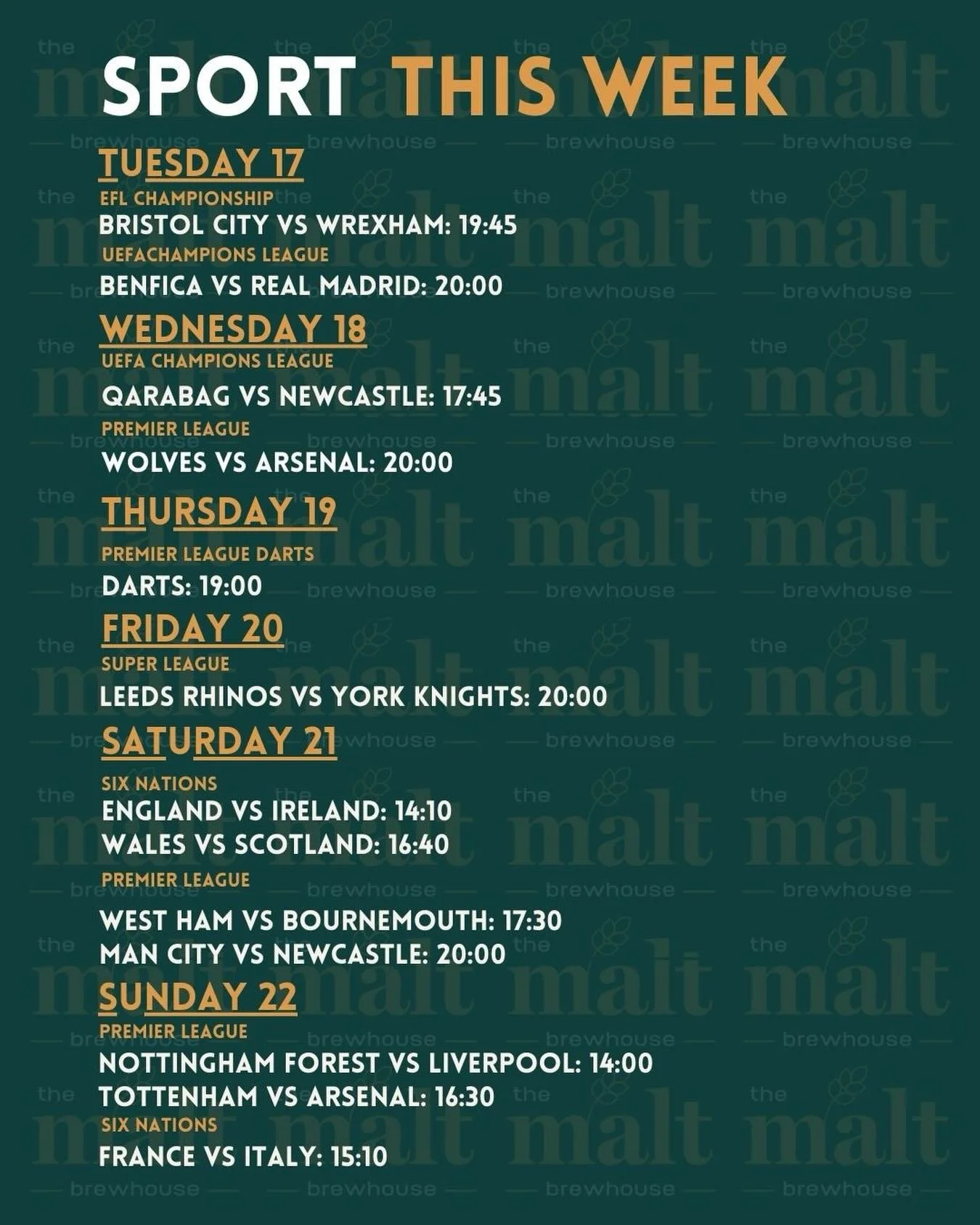 It&rsquo;s time for another crazy week of sports! 🥳
We&rsquo;ve got a jam packed week featuring football, rugby and darts 🏉⚽️🎯
Make sure to book your spot for all favourite games, grab your team, your matchday pint and let&rsquo;s get into a big w