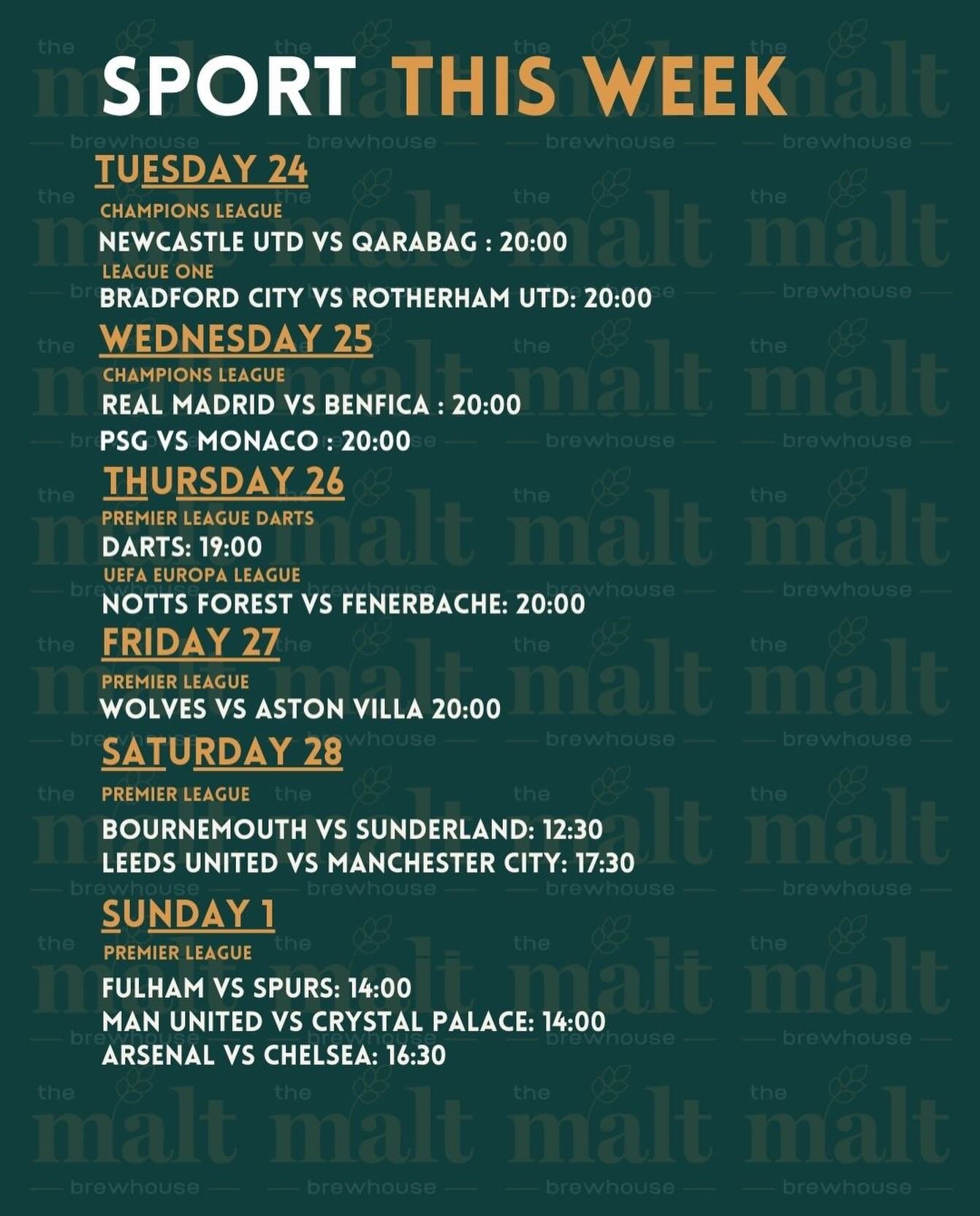 Another week, another week of sports! ⚽️ 
Check out all our big matches we have this week! 
See anything you like? Make sure to book you and your squad a seat for all the best games! 🤩
Let&rsquo;s get these games started! 🥳🥳