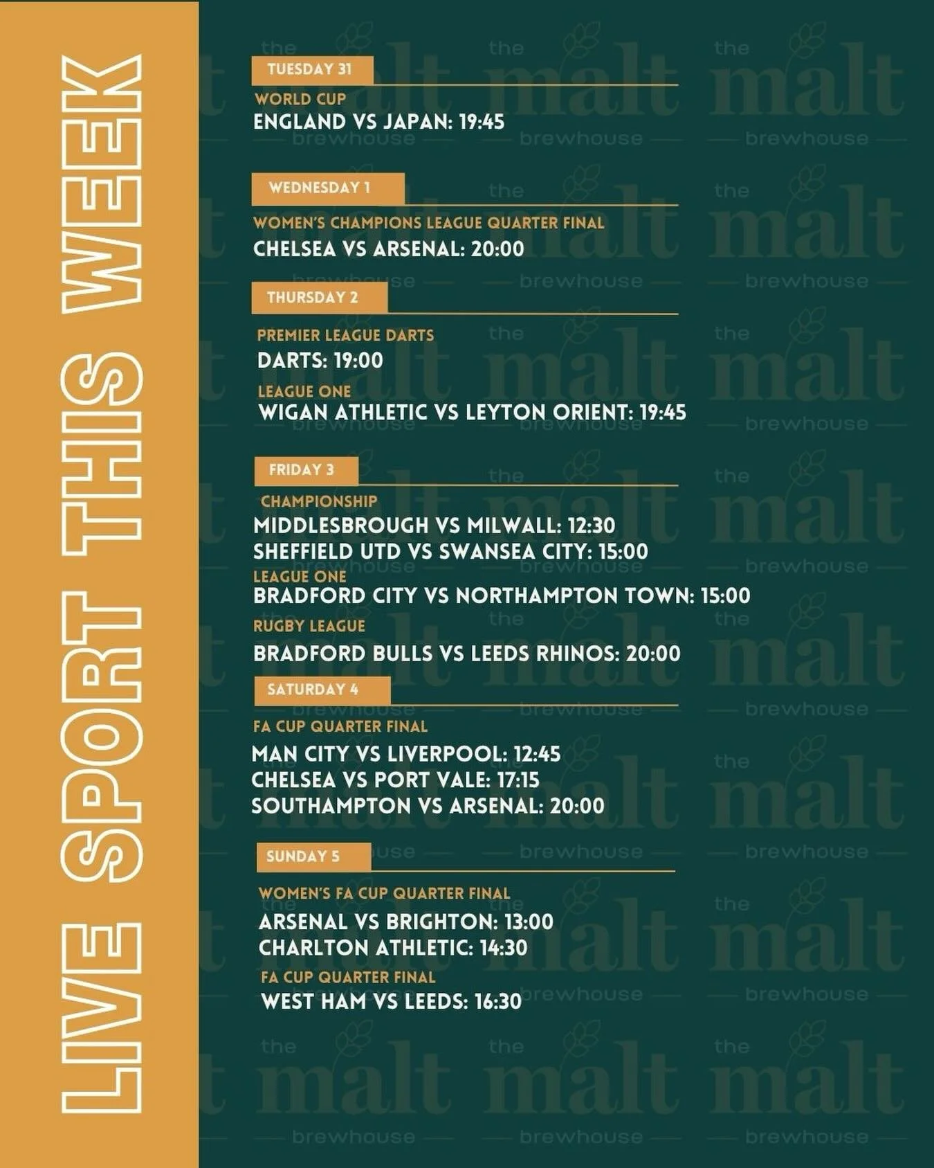 It&rsquo;s time for sports of the week! 🤩
We&rsquo;ve got a busy week ahead, with an England game and a Leeds game! 
Make sure to book a spot for you and your team online!