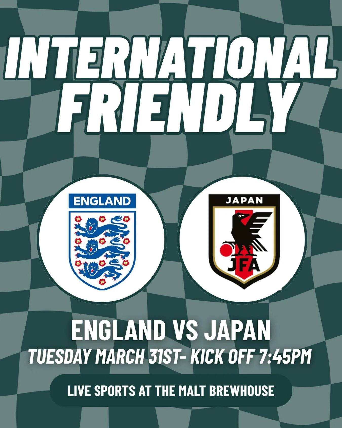 We&rsquo;ve got England vs Japan tonight for an international friendly! ⚽️
Pair it with a dough and draught deal for just &pound;12 and it&rsquo;s a perfect Tuesday night! 🍕🍻
Don&rsquo;t miss out!