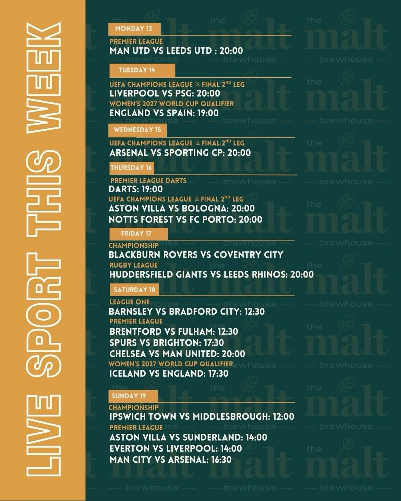 It&rsquo;s time for your weekly roundup of all the sports action live from The Malt this week! ⚽️🤩
Starting with the big rivalry match between Man United and Leeds! 💛🩵
Make sure to book your spot for all your favourite games!