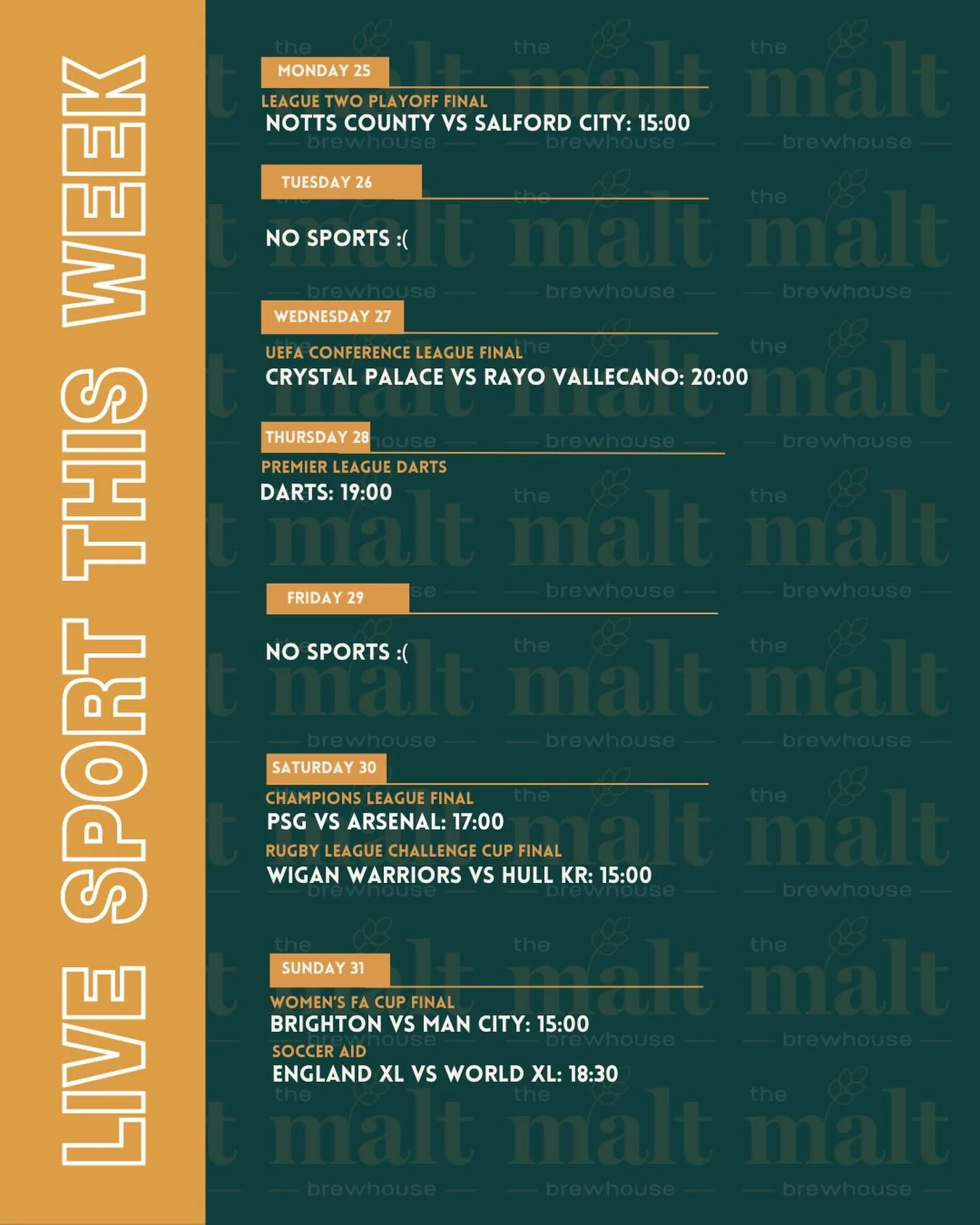 We&rsquo;ve got your sports roundup for the week! 
And as the season begins to end, the sport begins to quiet down 🥲
But have no fear, in a few weeks time we will have you sorted with all the World Cup action! 
Keep an eye out on or socials and webs