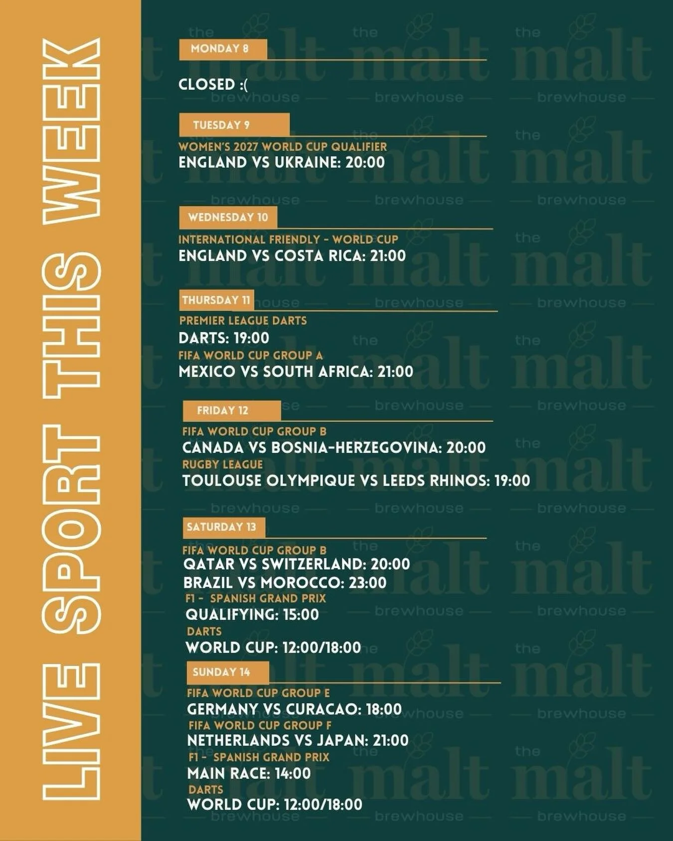 Here&rsquo;s your sports roundup for the week! 
The World Cup is officially finally starting ⚽️
Make sure to book your spot online to secure the best seats in the house! 🤩