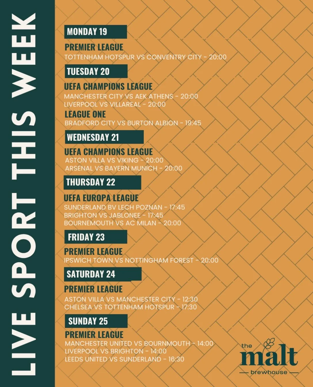 🍻 YOUR WEEKLY LINE-UP AT THE MALT! ⚽️🍕

Looking for a reason to get together this week? We&rsquo;ve got plenty! 👇

⚽️ LIVE SPORT

🍕 PIZZA &amp; A PINT FOR &pound;12 &ndash; Every Tuesday&ndash;Thursday from 5pm. The perfect midweek combo! 😋 

🍺