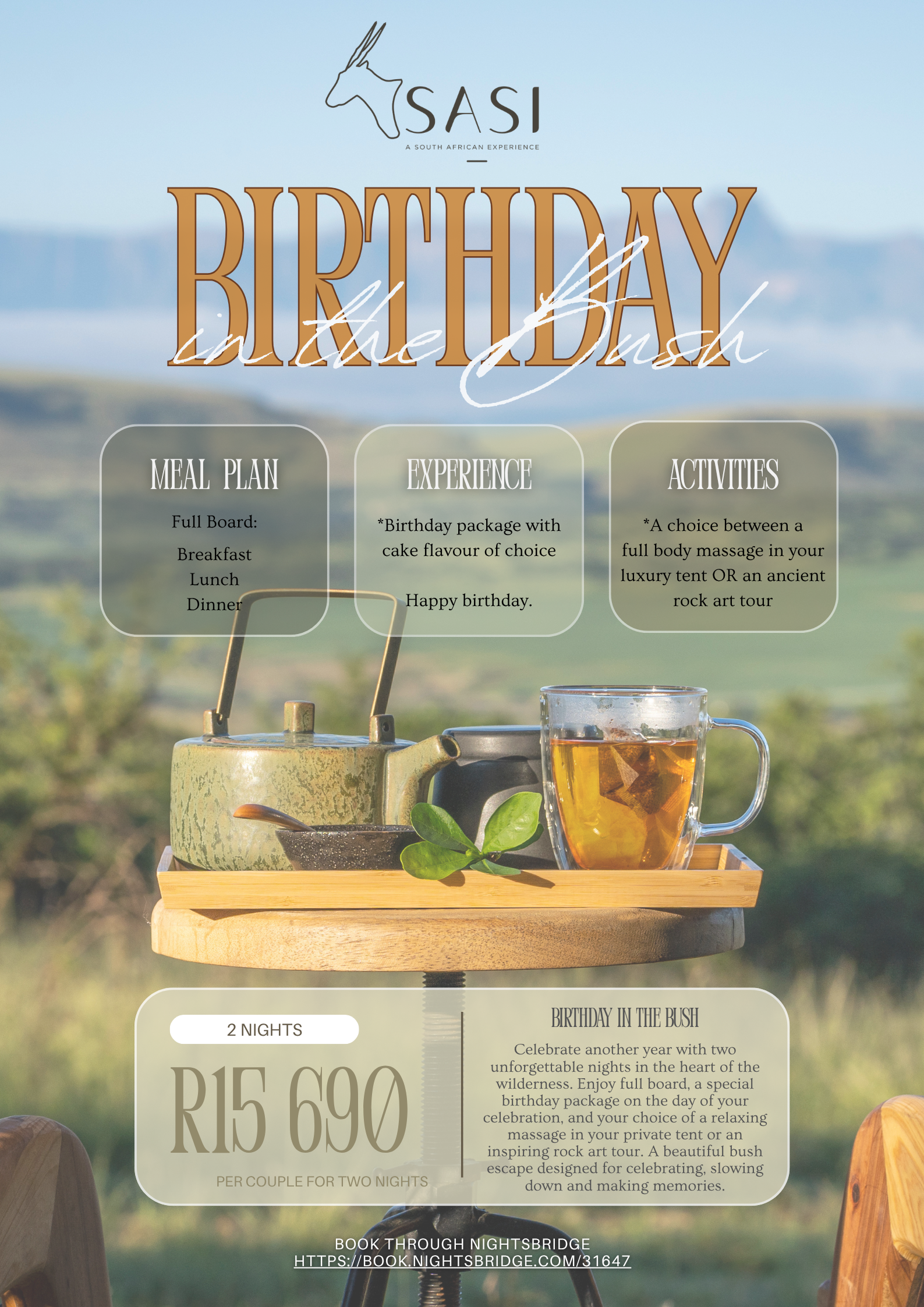 Couple celebrating a birthday at Sasi Bush Lodge, surrounded by the beautiful Drakensberg mountains and natural wildlife.