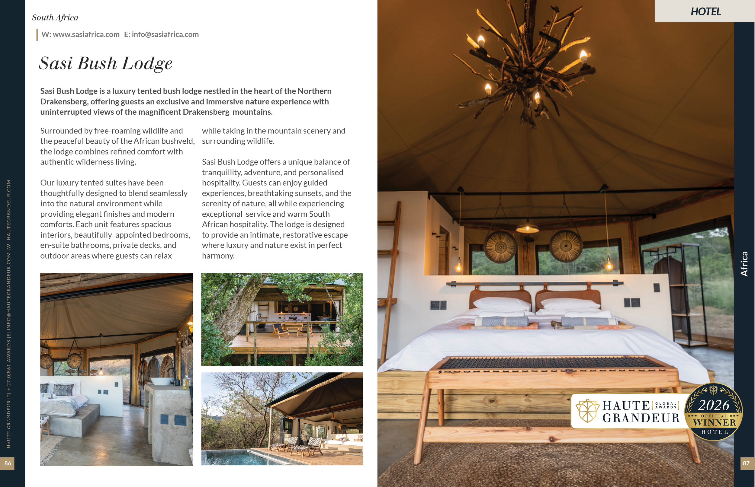 Sasi Bush Lodge is honoured to be featured in the June 2026 edition of Haute Grandeur magazine, celebrating our luxury safari experience, exceptional hospitality, and the hidden beauty of the Northern Drakensberg, South Africa.