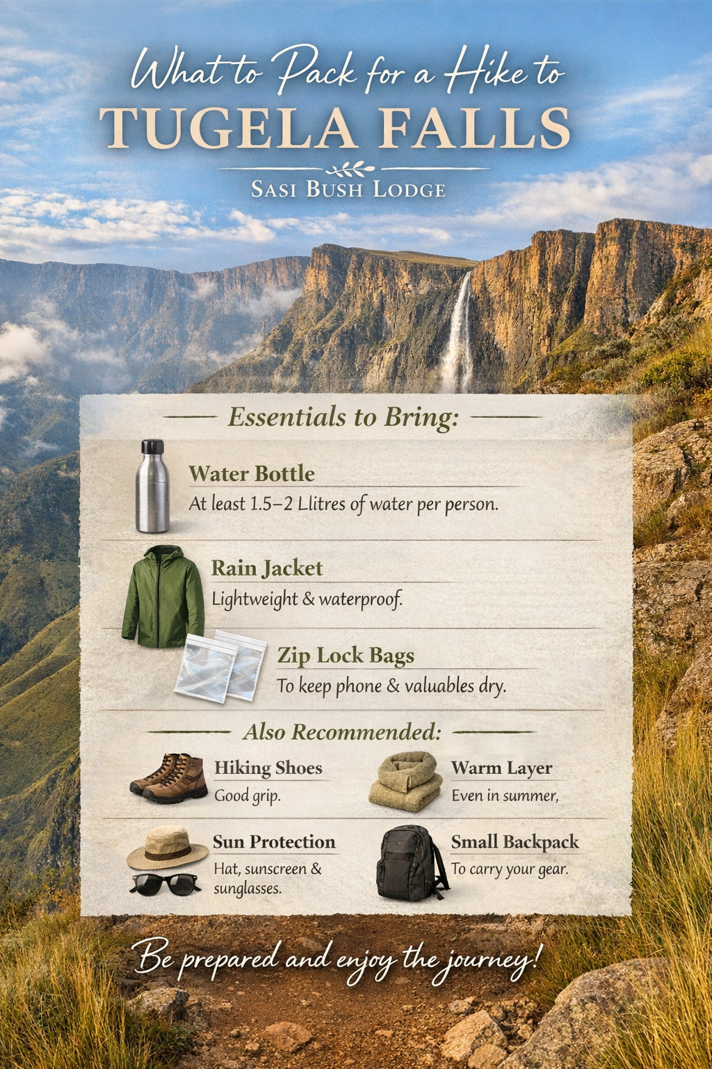 A practical guide for what to pack when hiking the Tugela Falls from Sentinel Car Park. Important that everything in your back pack remains dry in case the weather turns cold. A list of items necessary when hiking. A PDF format for hiking check list