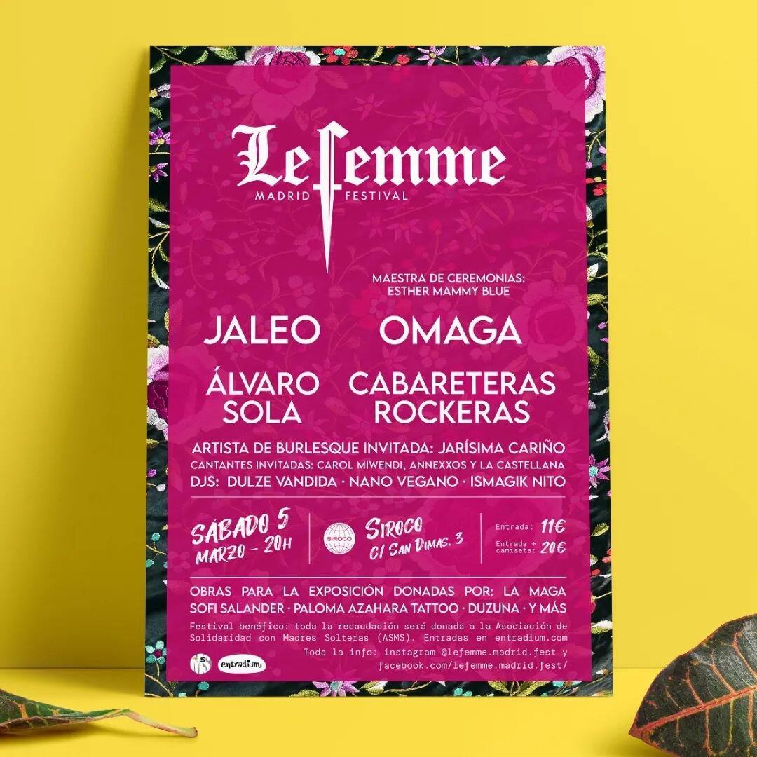 💛💕 𝗖𝗮𝗿𝘁𝗲𝗹 𝗮𝗰𝘁𝘂𝗮𝗹𝗶𝘇𝗮𝗱𝗼 para el festival feminista ben&eacute;fico @lefemme.madrid.fest :
🤘🏻 Los 𝗰𝗼𝗻𝗰𝗶𝗲𝗿𝘁𝗼𝘀 empezar&aacute;n a las 20h y participar&aacute;n:
◾️Jaleo @losjaleo 
◾️Omaga @omagaexperience 
◾️Cabareteras Rock