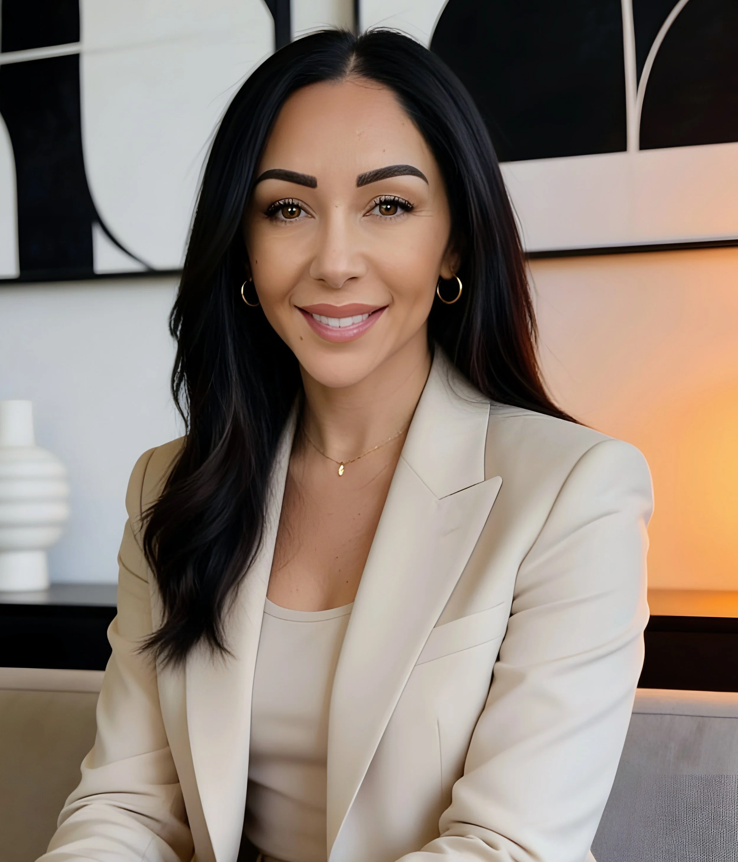 A woman with long black hair, gold hoop earrings, and a light beige blazer smiling while sitting at a desk in an office environment.