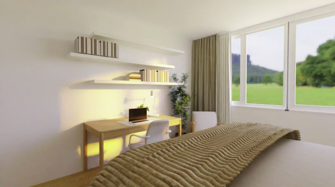 A bedroom with a bed, a desk with a chair, and large windows showing a green outdoor landscape.