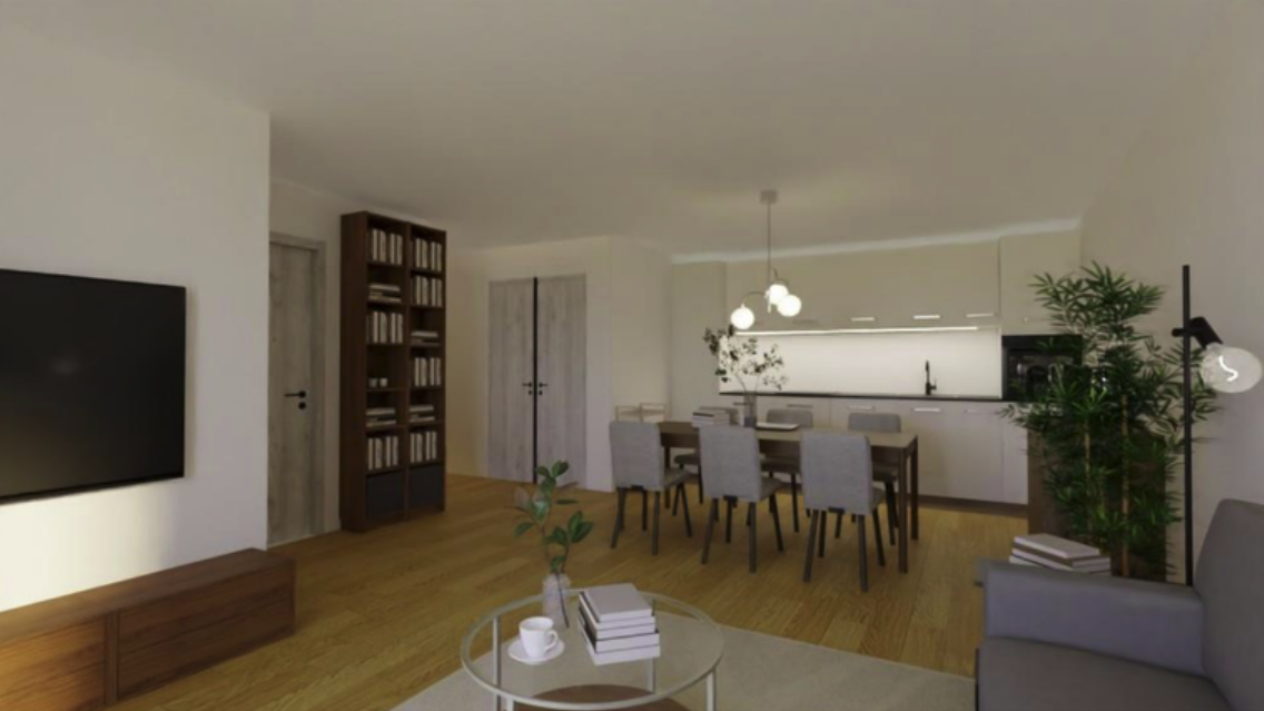 Modern kitchen and dining area with black chairs and a round wooden table, white cabinets, and a countertop with dishes and kitchenware.