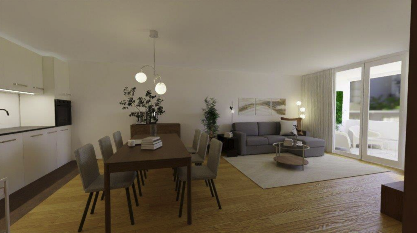 Living and dining area with wooden flooring, gray sofa, coffee table, dining table with six chairs, and sliding glass door leading to balcony.