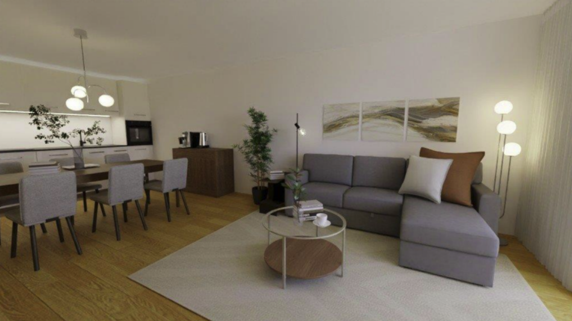 Modern living room and dining area with gray sofa, wooden coffee table, dining table with six chairs, artwork on wall, and floor lamp.