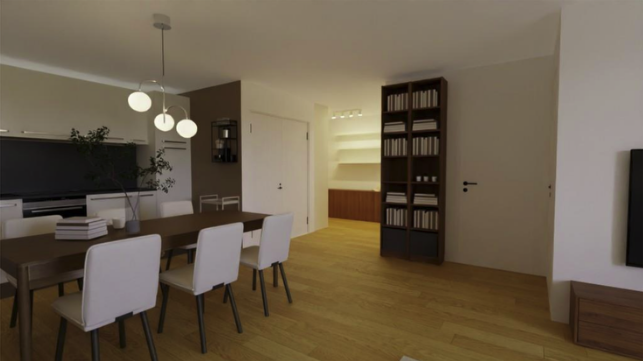 Living room with a wooden dining table, white chairs, a bookshelf filled with books, and modern lighting fixtures.