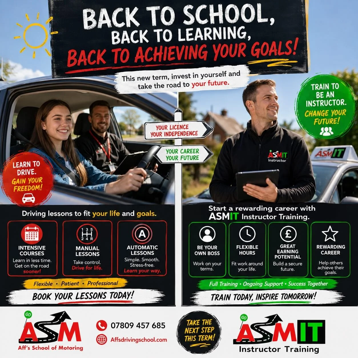 &ldquo;Everyone&rsquo;s heading back to school tomorrow... what will you be learning?&rdquo;
📚 Everyone&rsquo;s heading back to school tomorrow...
🚗 Learn to drive and gain your independence.
OR
👨&zwj;🏫 Train to become a driving instructor and st