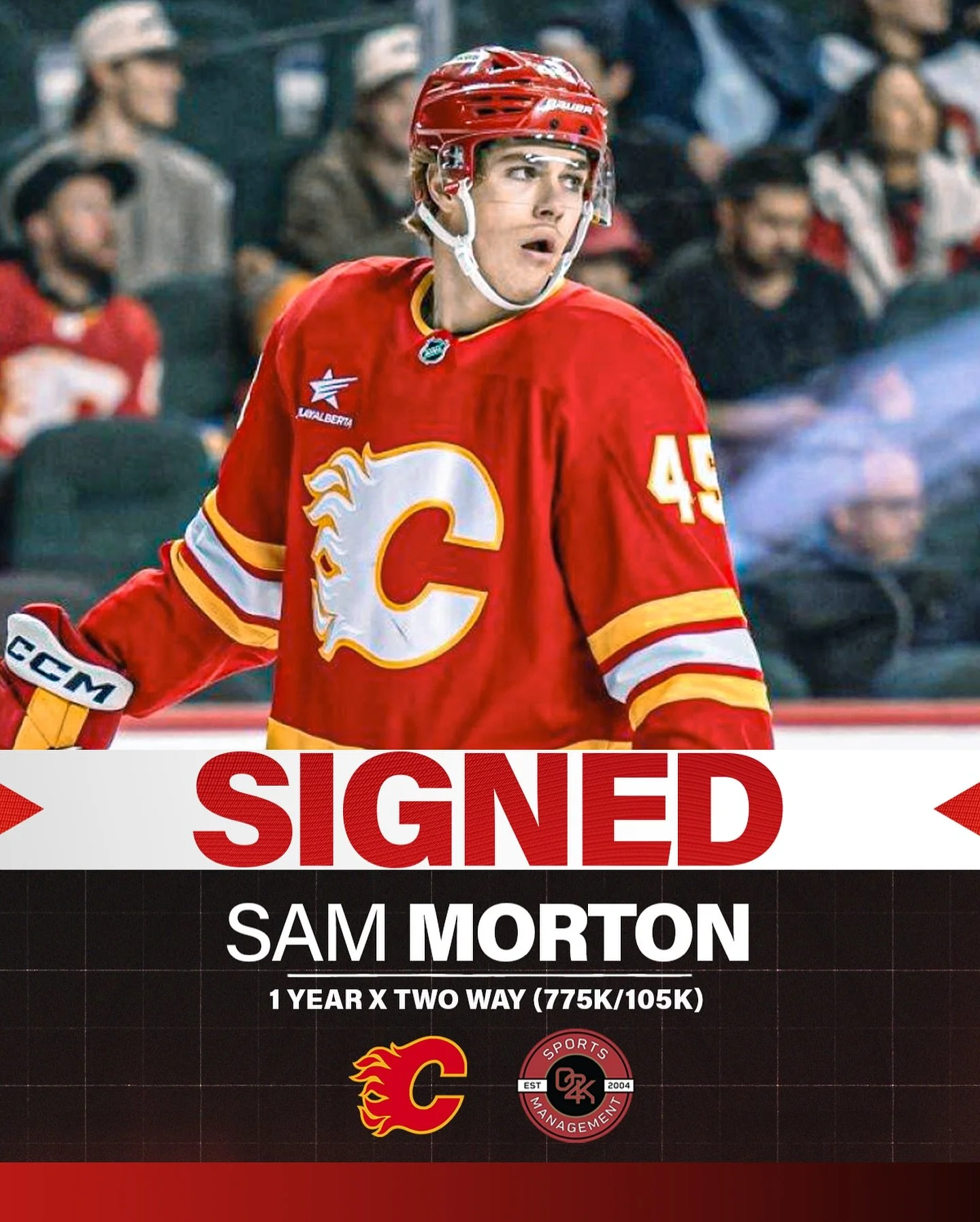 Sam the man 🔥 Congratulations to O2K client Sam Morton on signing a 1 year, two-way contract extension with the @nhlflames!
#cofred #nhlflames #calgary #nhl #nhlfreeagency #hockeylife #goflamesgo