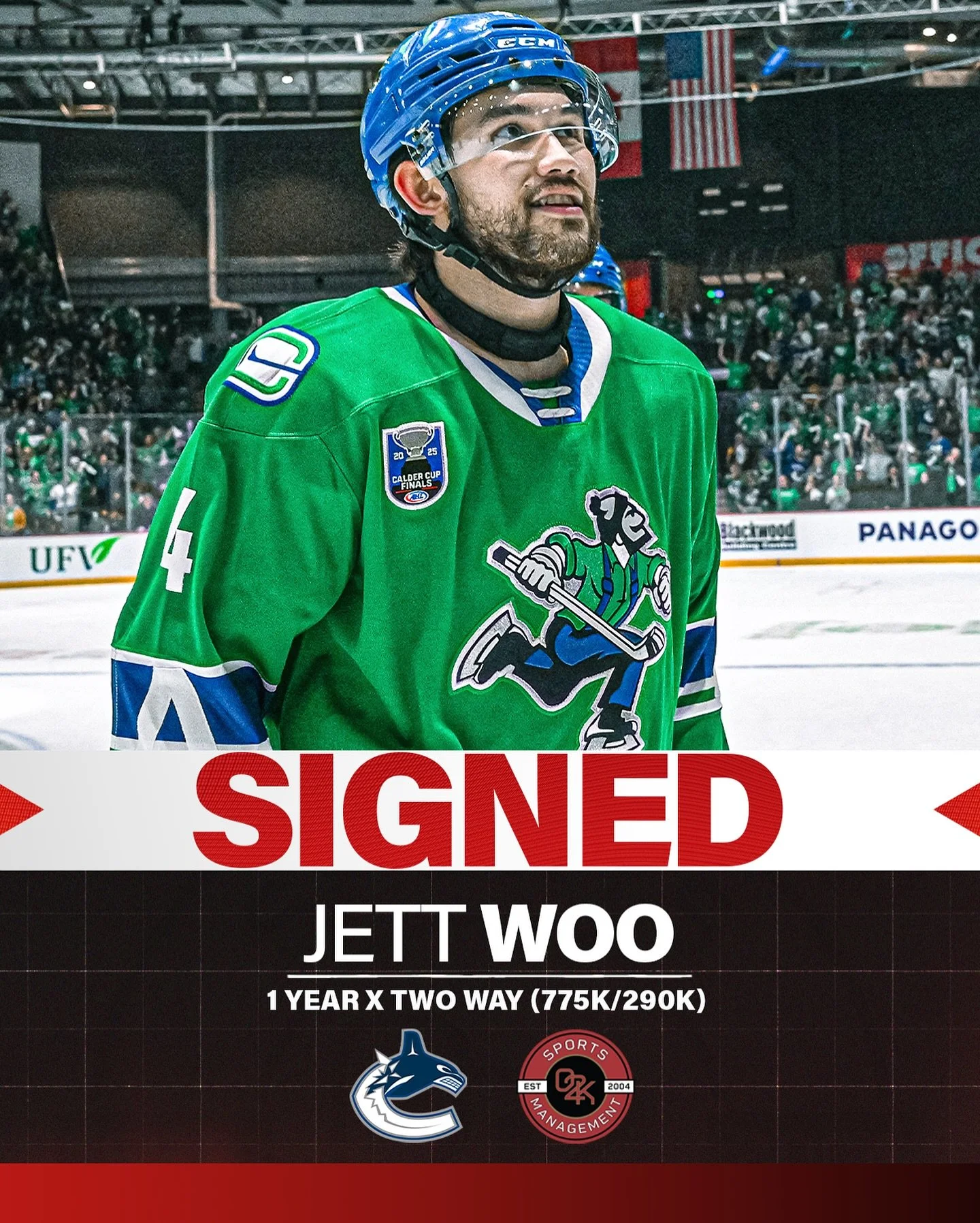 Running it back 🏆 Congratulations to O2K client Jett Woo @jettwoo_ on signing a 1 year, two-way contract with the @canucks!
#gocanucks #vancouver #canucks #hockey #ahl #caldercup