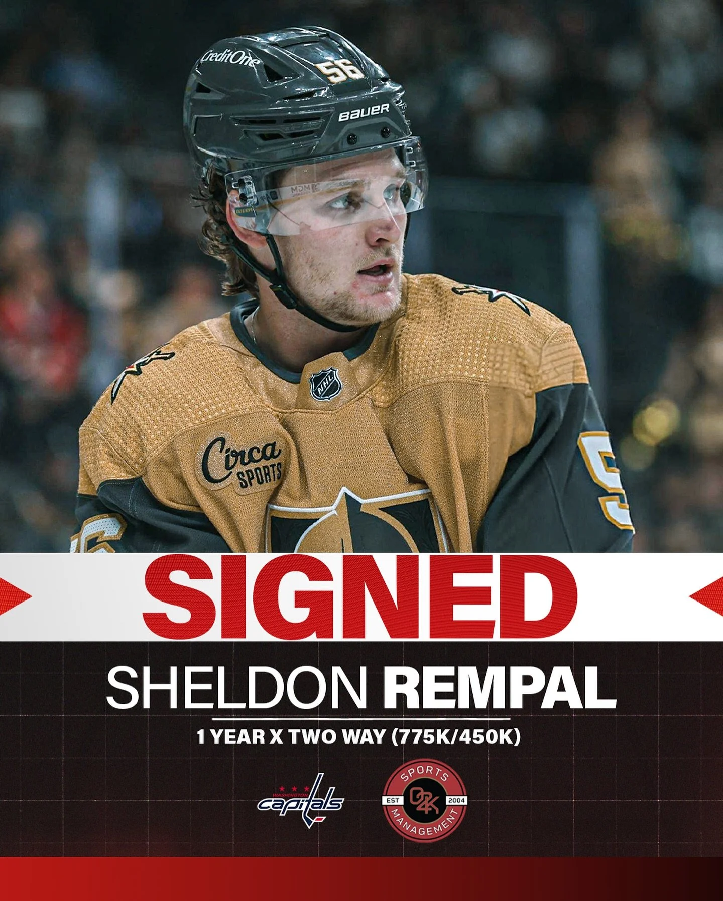 Congratulations to O2K client Sheldon Rempal @sheldonrempal on signing a 1 year, two-way contract with the @Capitals! Welcome to the team, Sheldon!

#allcaps #NHLFreeAgency #nhl #gocapago #hockey #hockeylife #washington #capitals