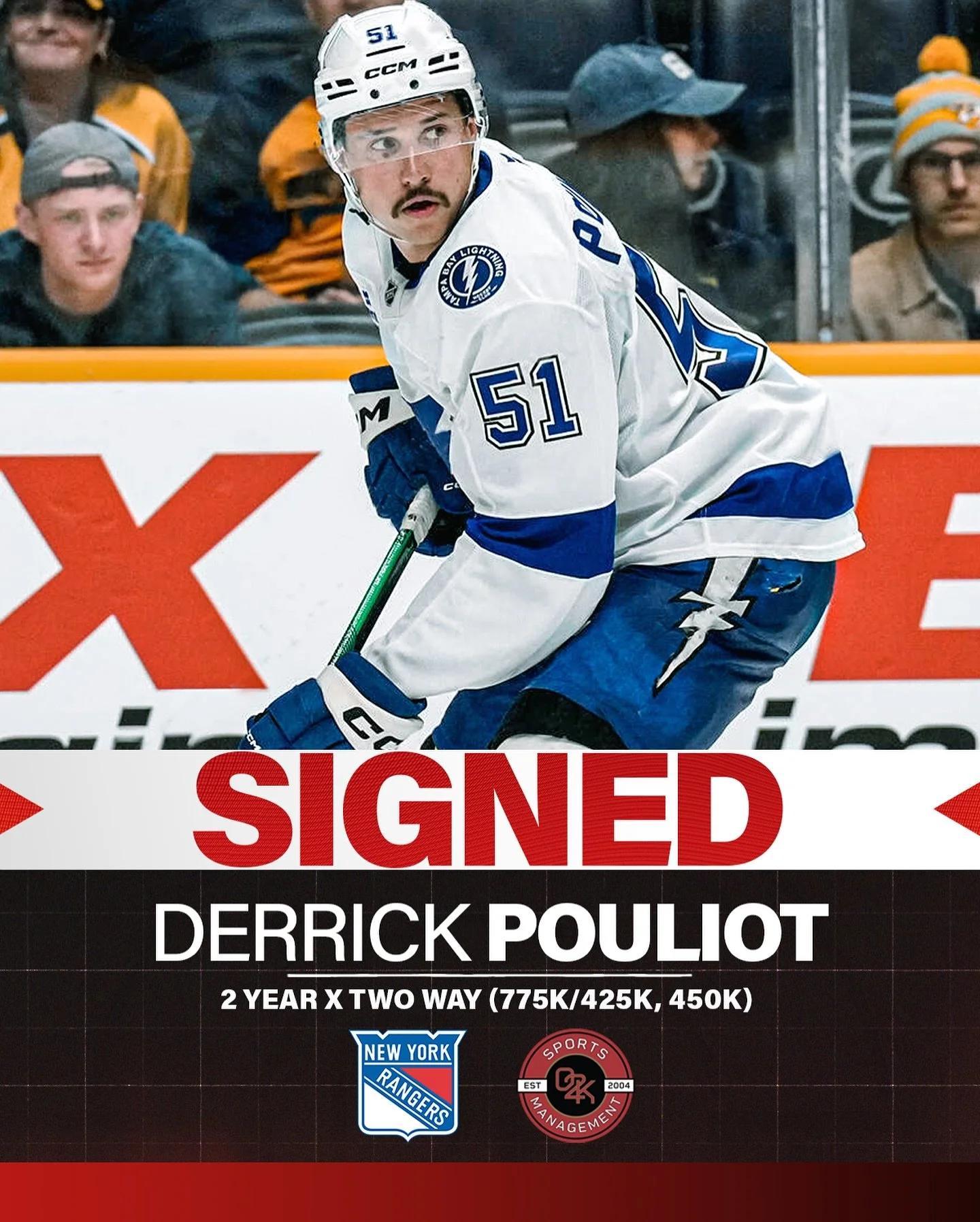 Double for Derrick 🍎 Congratulations to O2K client Derrick Pouliot on signing a 2 year, two-way contract with the @NYRangers!

425k guaranteed first year, 450 guaranteed second year.

#nyrangers #ittakeseveryone #nyr #NHLFreeAgency  #hockey #nhl #ho