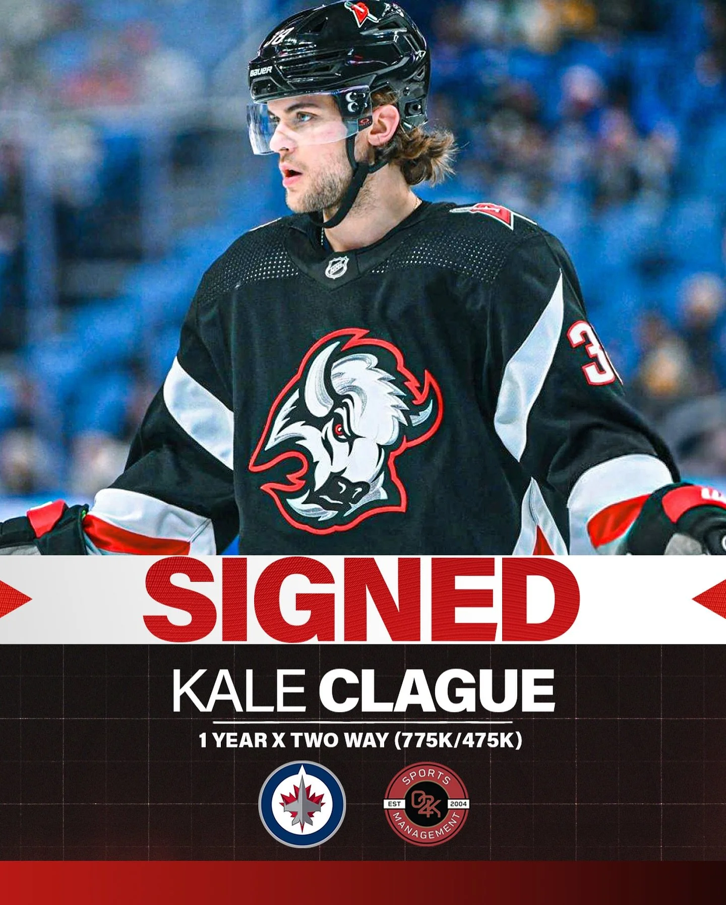 Off to the True North ✈️ Congratulations to O2K client Kale Clague @KaleClague on signing a 1 year, two-way contract with the @NHLJets!

#wpg #nhljets #nhlfreeagency #gojetsgo #whiteout #hockeylife #nhl #winnipegjets