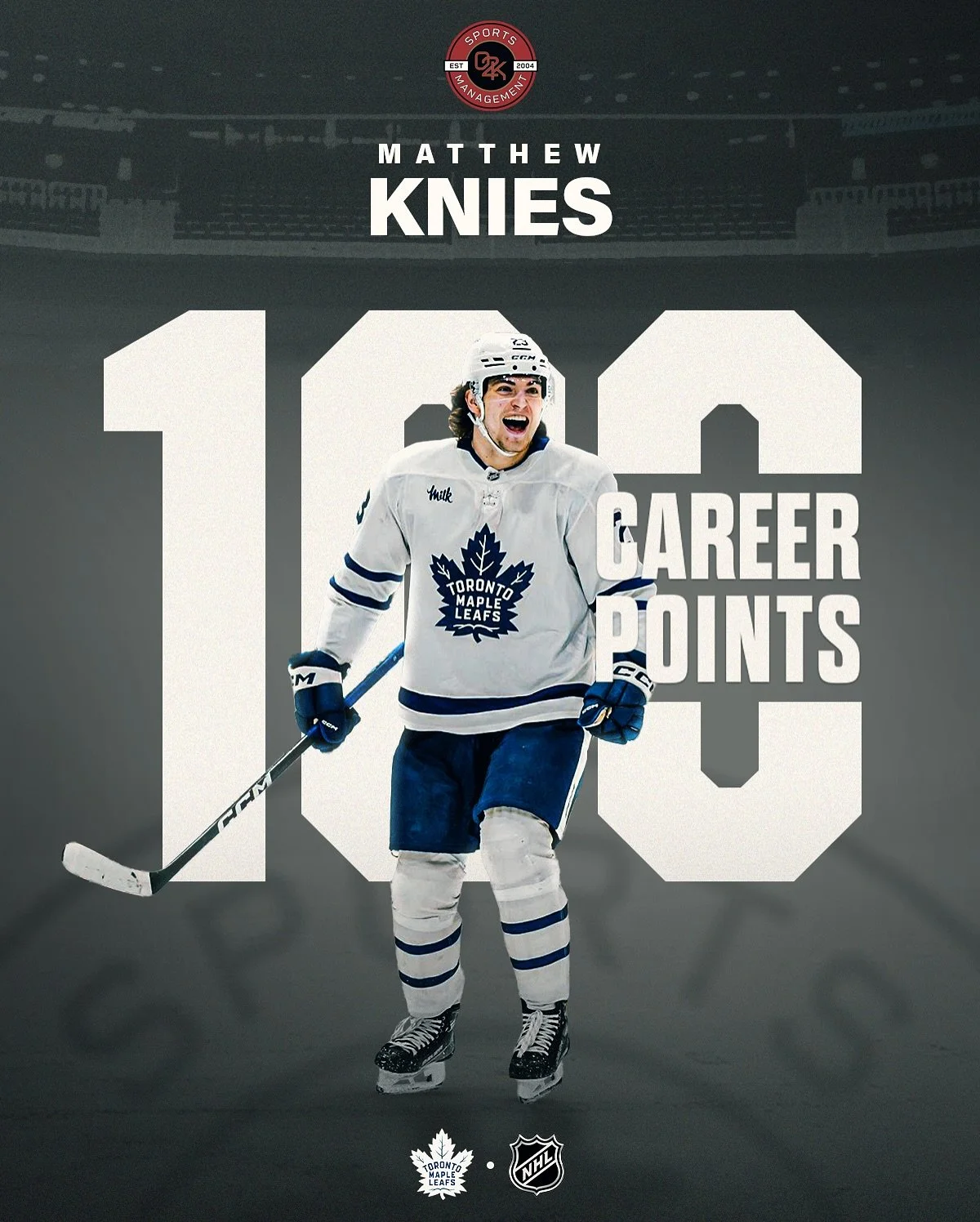 Keeping it 💯! Congratulations to O2K client @matthewknies as he records his 100th career NHL point with a huge 3 assist night in a @mapleleafs win!

#LeafsForever #goleafsgo #Knies #hockey #toronto