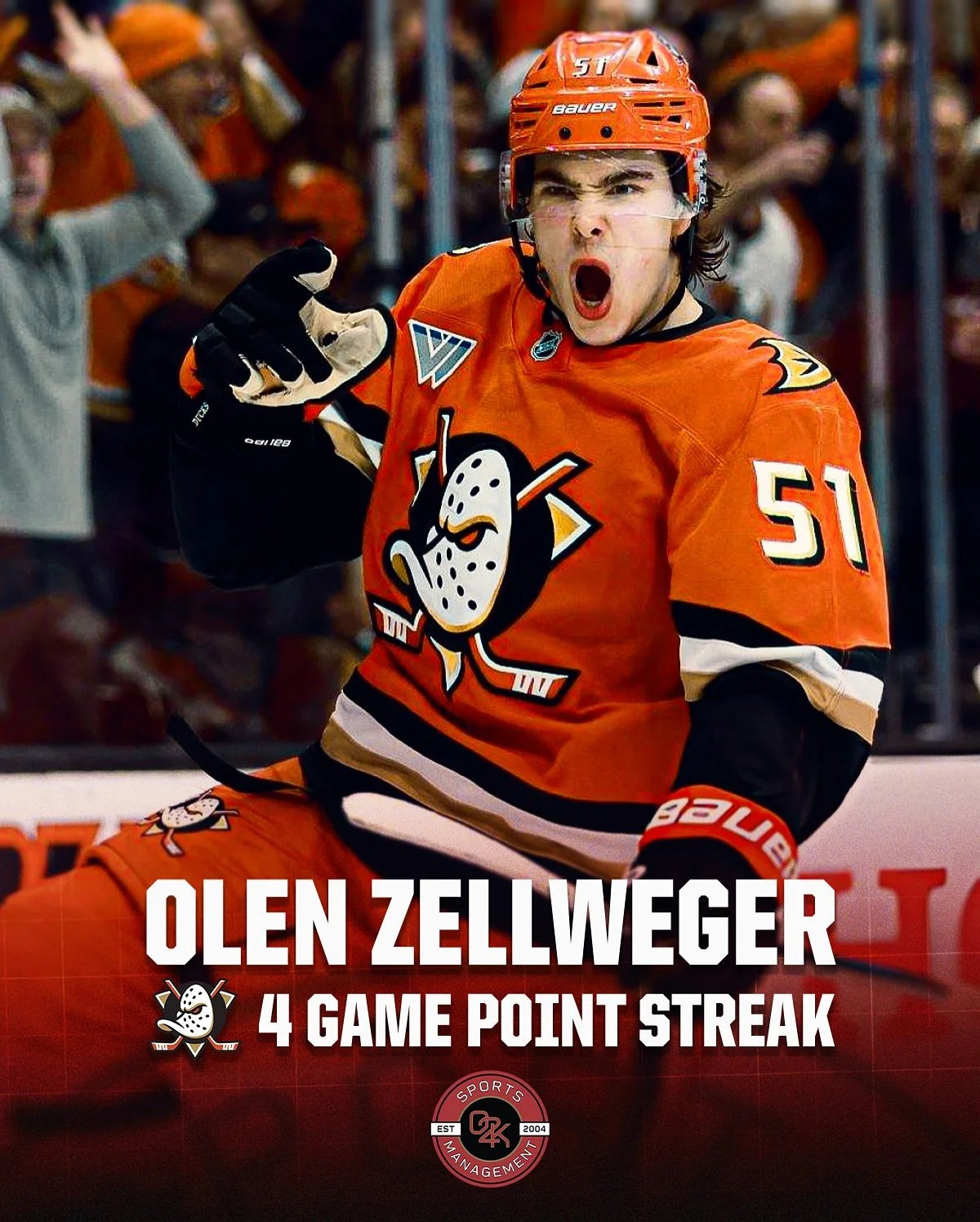 Olen Zellweger's got a little streak going 👀 @olenzellweger has found the net 3 times in his last 4 games, recording a point in each of his last four games with the Ducks. Keep it going, Z!

#flytogether #nhl #nhlhockey