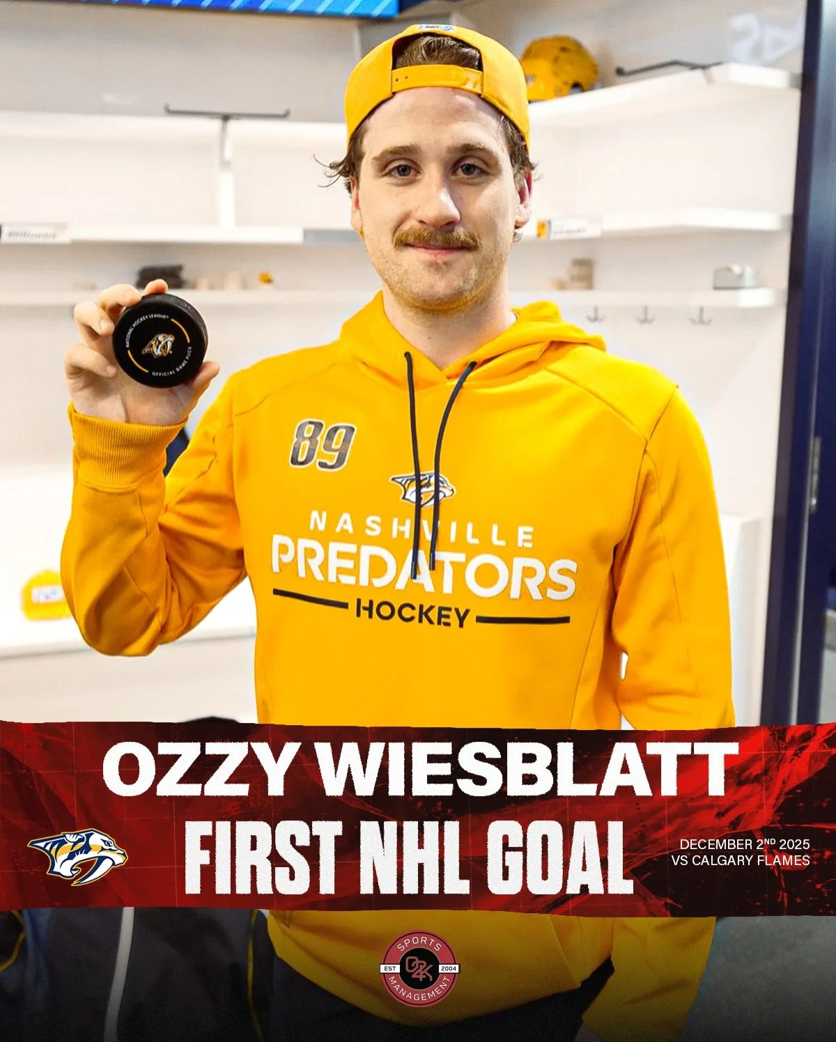 This one is unforgettable 🤍 Congratulations to O2K client @ozzywiesblatt_ on scoring his first career NHL goal! Hard work pays off, way to go Ozzy!

#nhl #preds #smashville