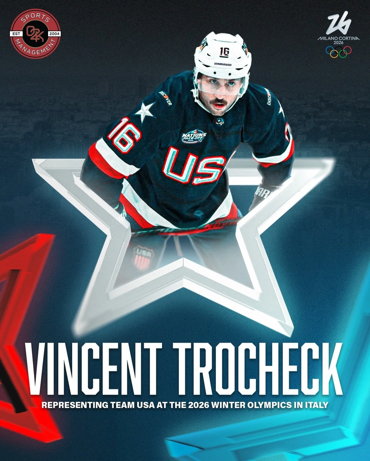 Stars, stripes, and a spot on the Olympic team 🤩 Congratulations to O2K client @trocheck_21 on being named to team @usahockey for the 2026 Winter Olympics in Italy! 🇮🇹

#nyrangers #usahockey #olympics
