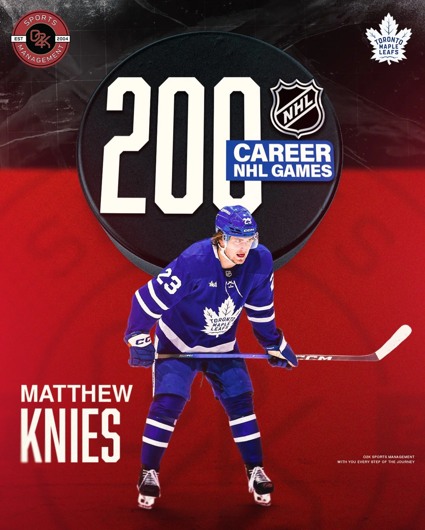 A very Knies milestone indeed 👀 O2K client @matthewknies skates in his 200th career @nhl game with the @mapleleafs! Congratulations Matthew, here's to many more!

#leafsforever #goleafsgo #mapleleafs