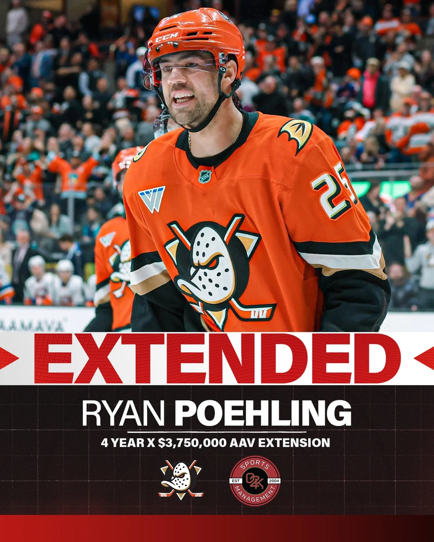 Staying put! Congratulations to O2K client Ryan Poehling @ryanpoehling on signing a 4 year, 3.75M AAV contract extension with the @AnaheimDucks! Way to earn it, Ryan!

#flytogether #ducks #goducks #nhl #anaheim