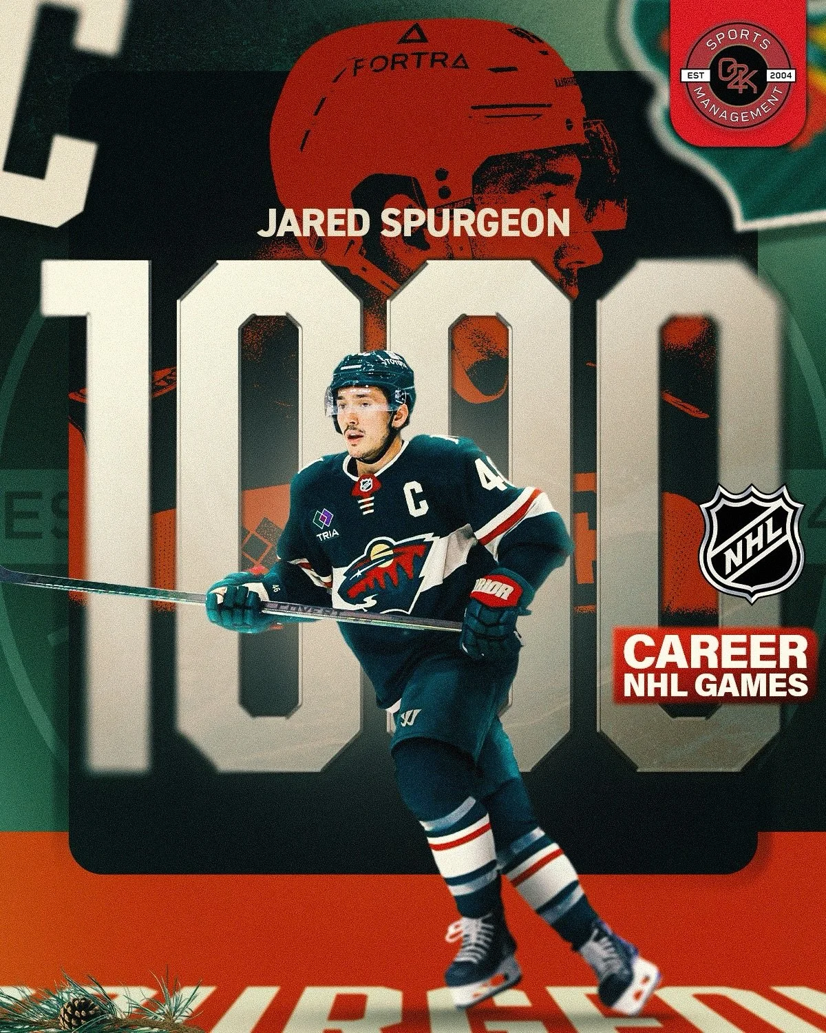 A milestone worth going wild for 👏 Congratulations to O2K client Jared Spurgeon @jaredspurgeon46 on skating in his 1000th career NHL game! An incredible human, player, and team leader - here's to celebrating your big night, Cap!

#mnwild #minnesota 