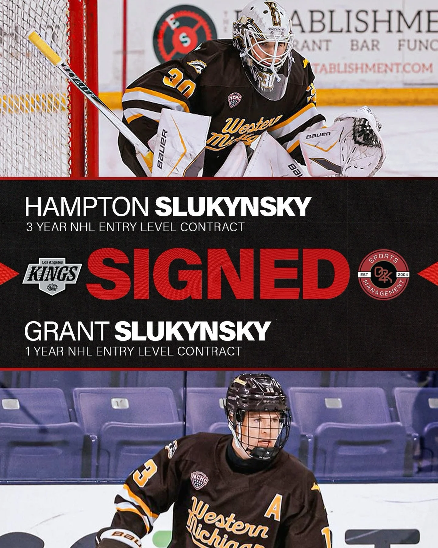 Brothers, Broncos, and now Kings 👑 Congratulations to O2K clients @hamptonsluky.1 and @grantslukynsky on signing their ELC contracts with the @lakings! 
Way to go boys, we're proud to be with you every step of the way.
#GoKingsGo #nhl #hockey #ncaa